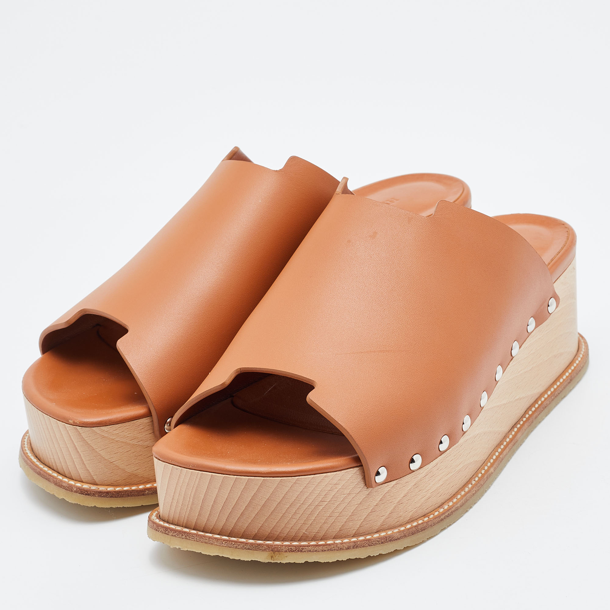 

Hermes Brown Leather Ellipse Slide Flats Size