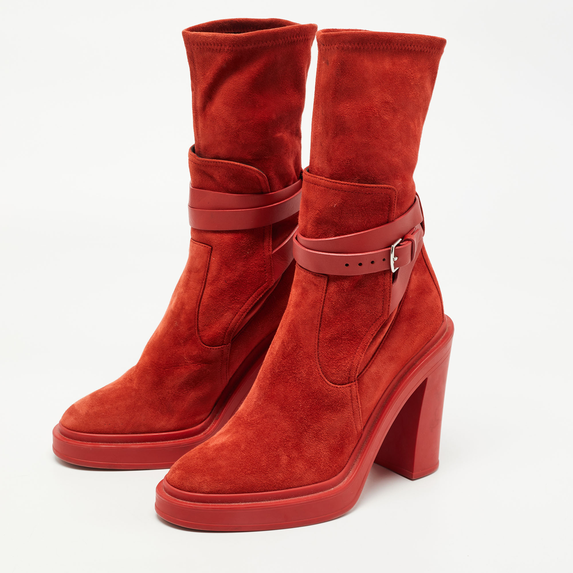 

Hermes Red Suede Block Heel Ankle Boots Size