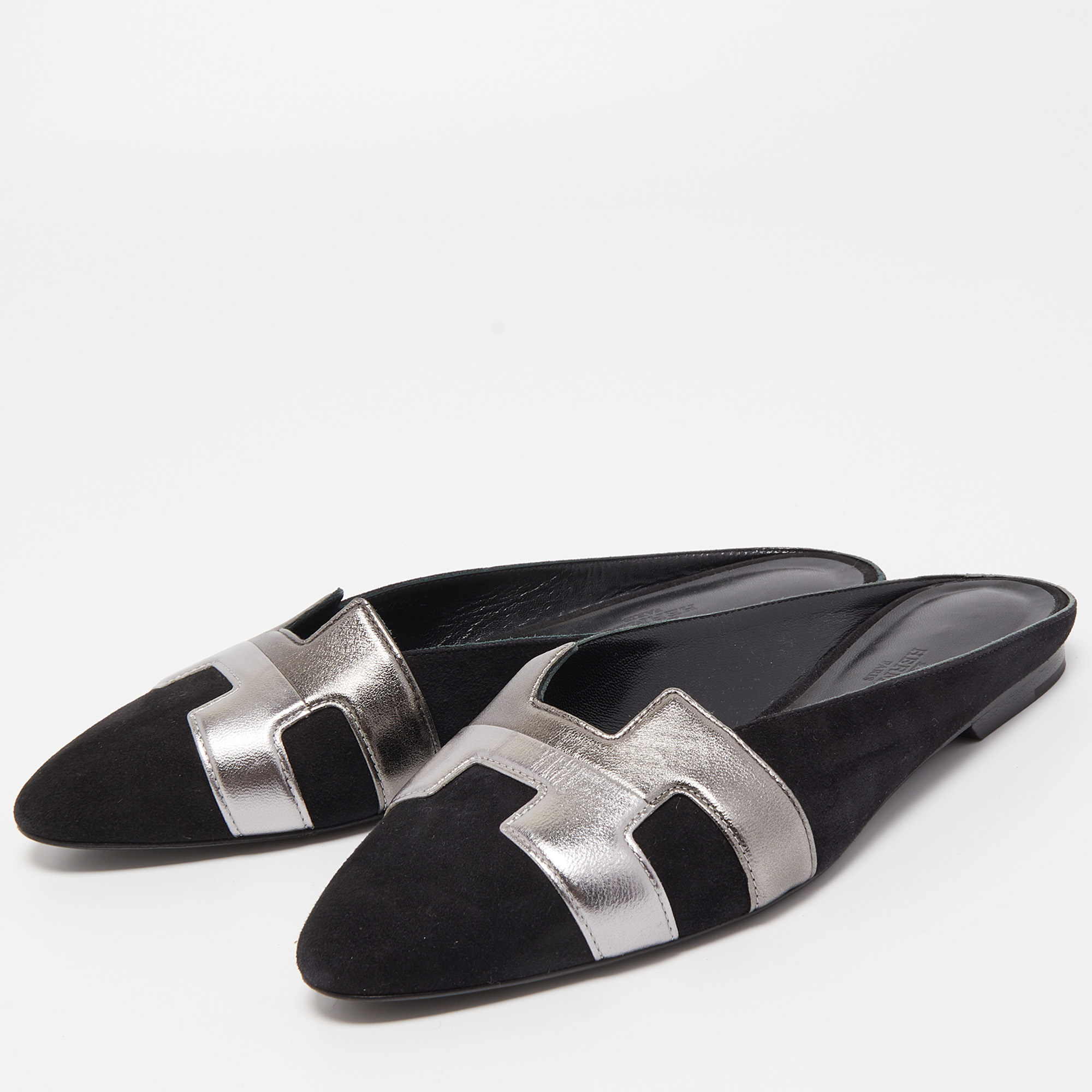 

Hermes Black/Metallic Suede and Leather Roxane Mules Size