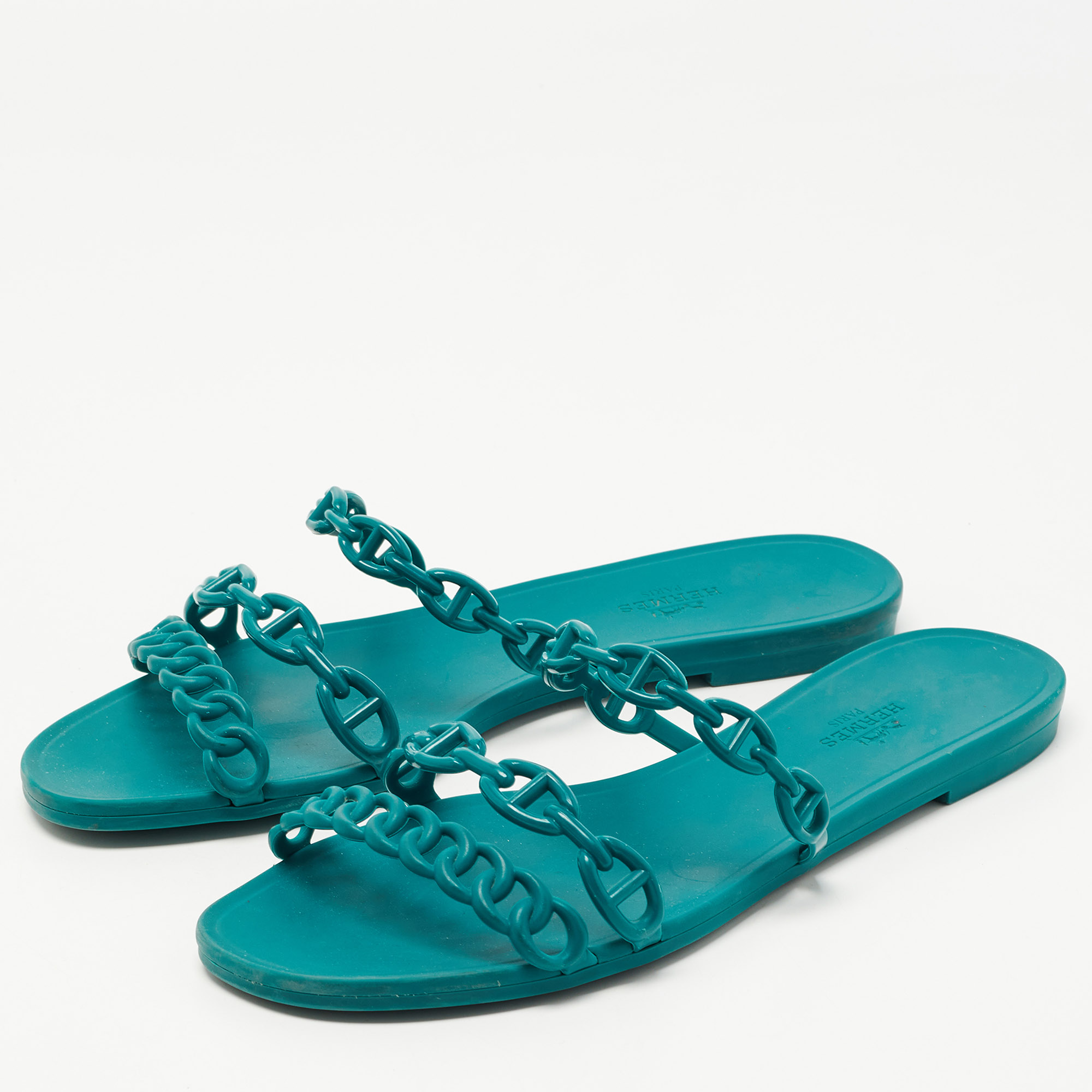 

Hermes Green Rubber Chaine d'Ancre Rivage Flat Slides Size