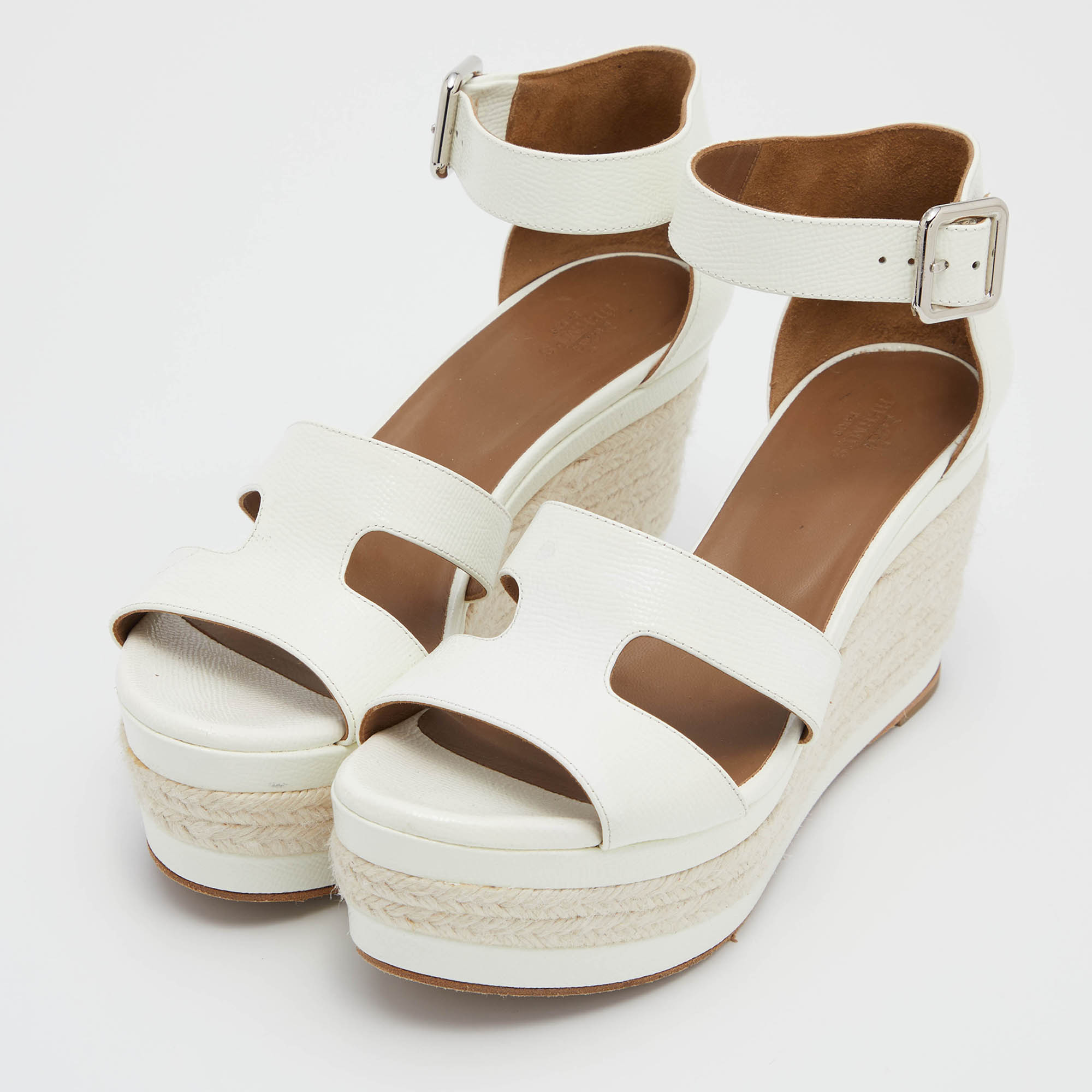 

Hermes White Patenr Leather Ilana Espadrille Wedge Sandals Size