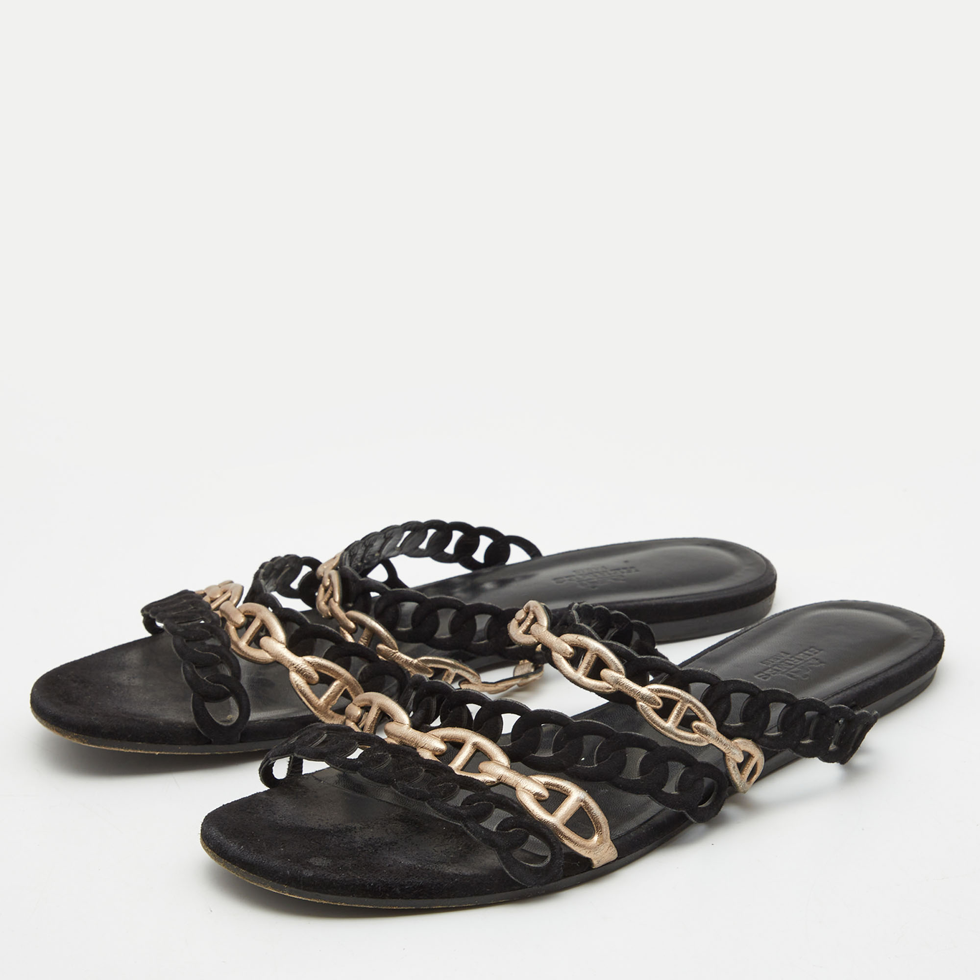 

Hermes Black/Gold Suede and Leather Tandem Flat Slides Size