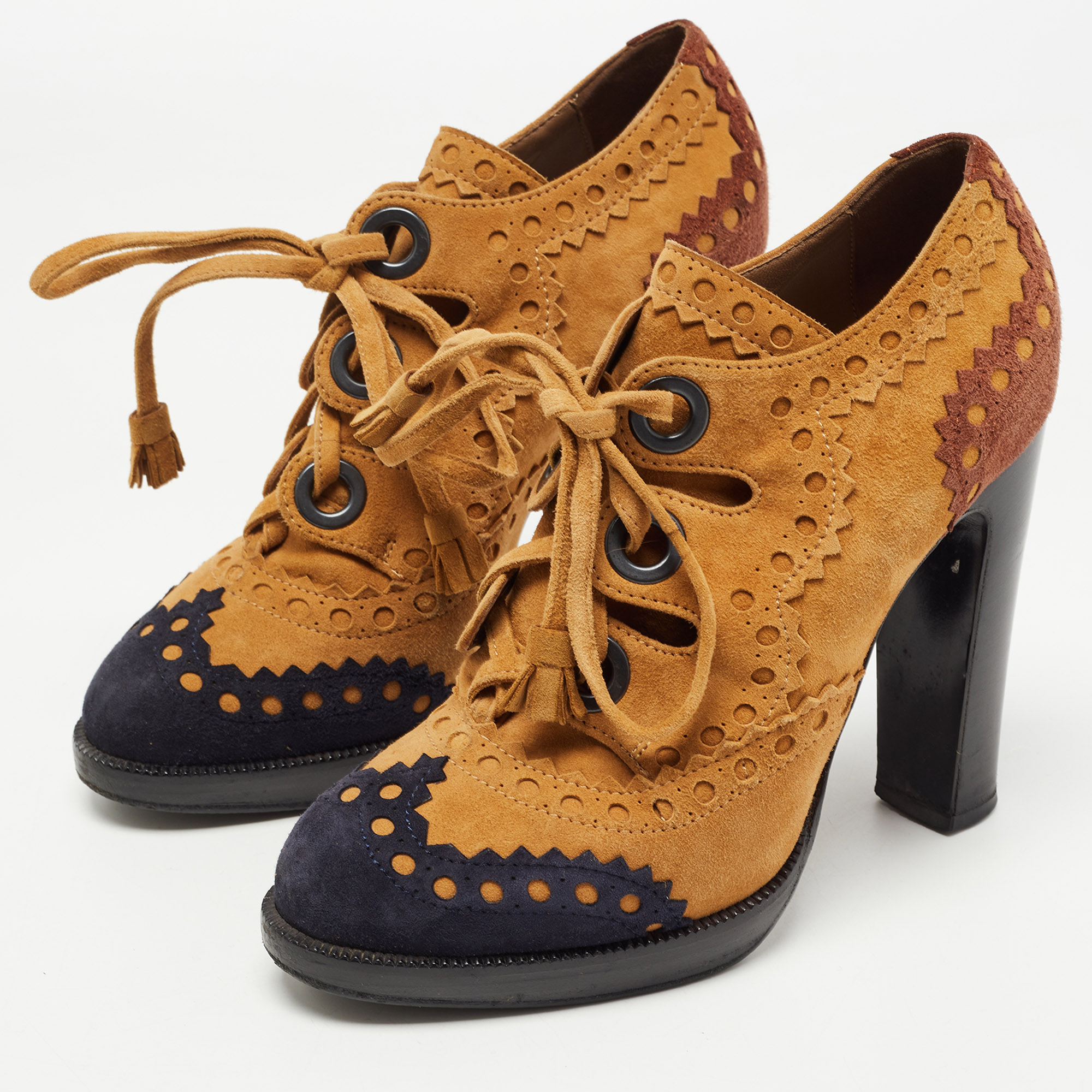 

Hermes Tricolor Suede Brogue Detail Lace Up Booties Size, Brown