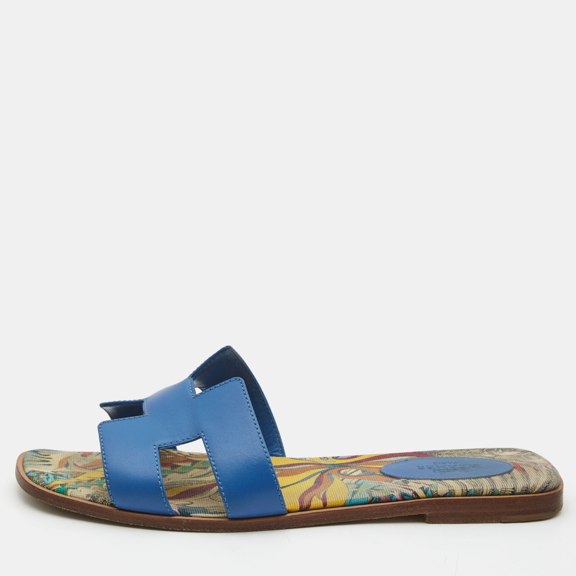 Pre Owned Hermes Blue Leather Oran Slide Flats Size 39