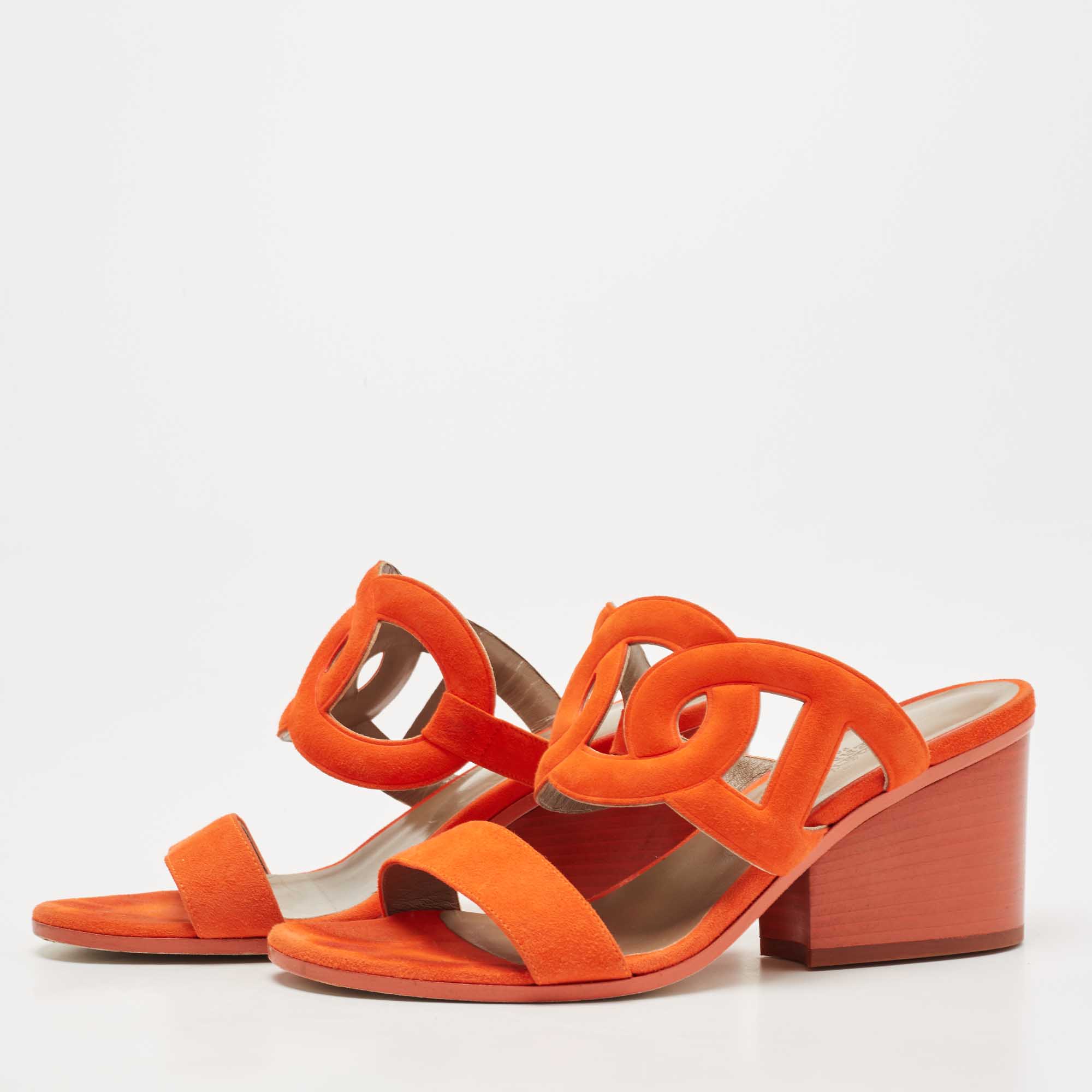 

Hermes Orange Suede Peace Block Heel Sandals Size