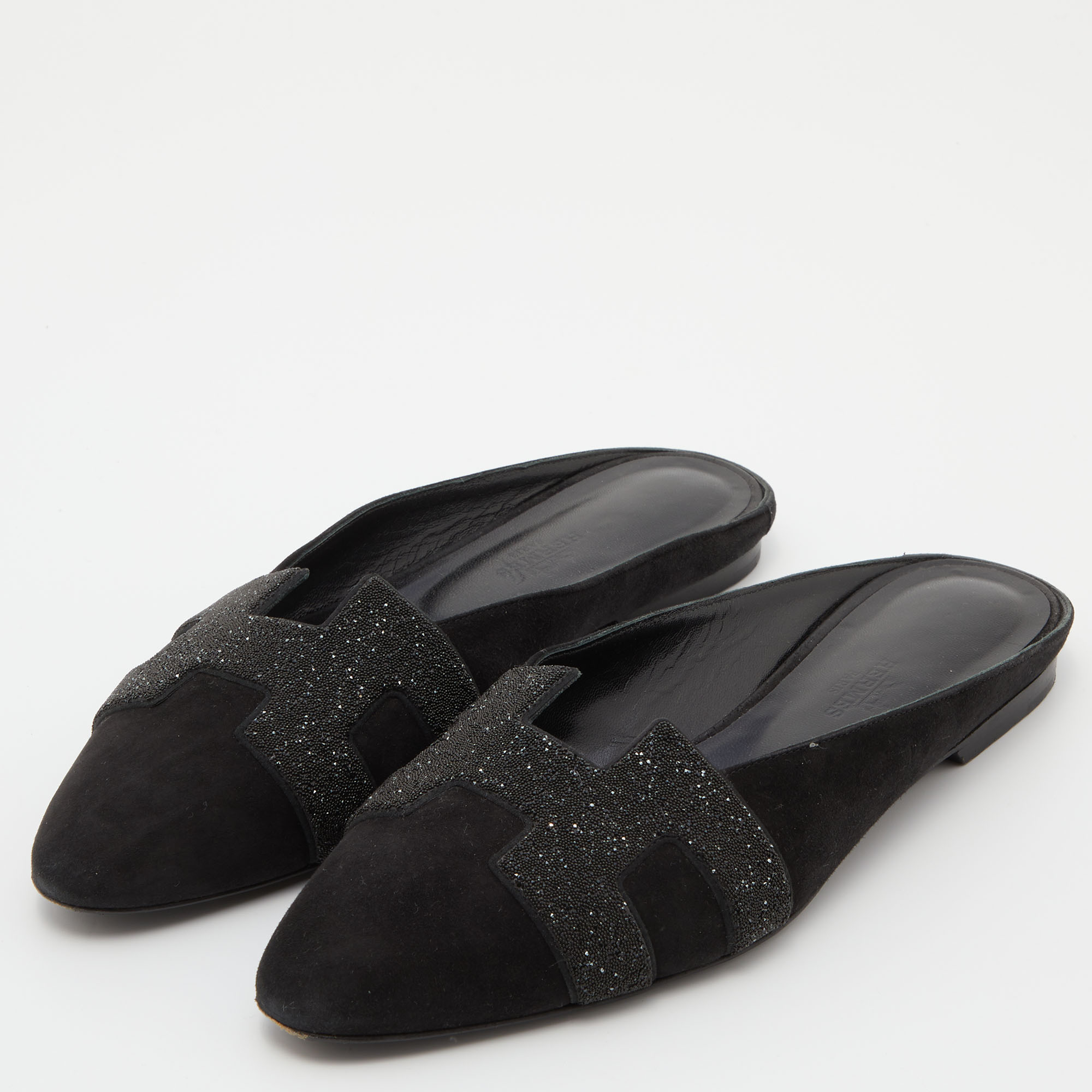 

Hermes Black Suede and Beads Powder Roxane Flat Mules Size