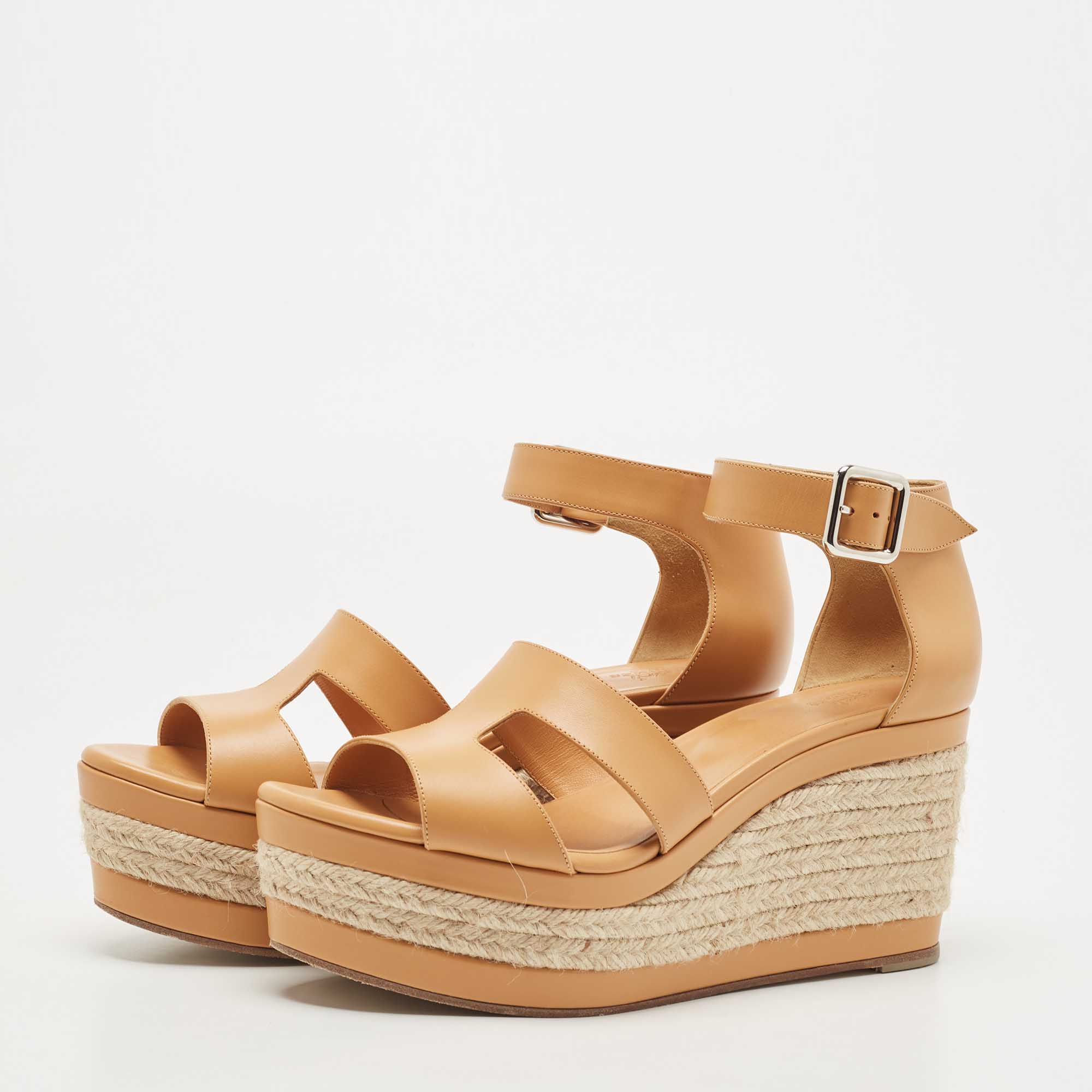 

Hermes Tan Leather Elda Wedge Platform Ankle Strap Espadrilles Size