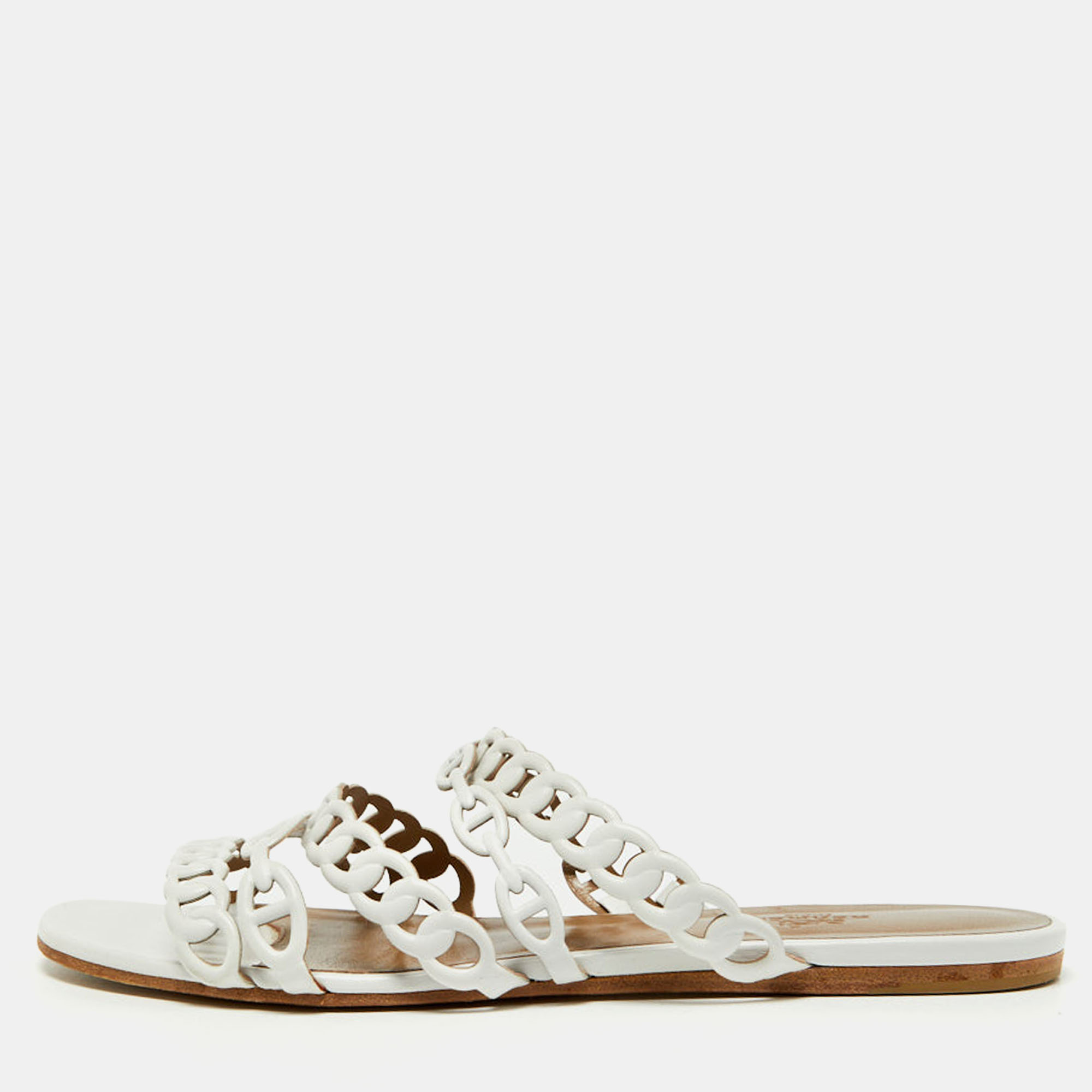 مملوكة مسبقًا Hermes White Leather D'ancre Chaine Flat Slides Size 39.5