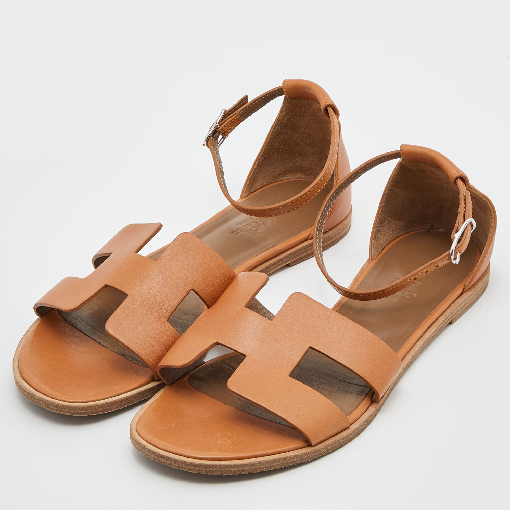 

Hermes Brown Leather Santorini Ankle Strap Sandals Size