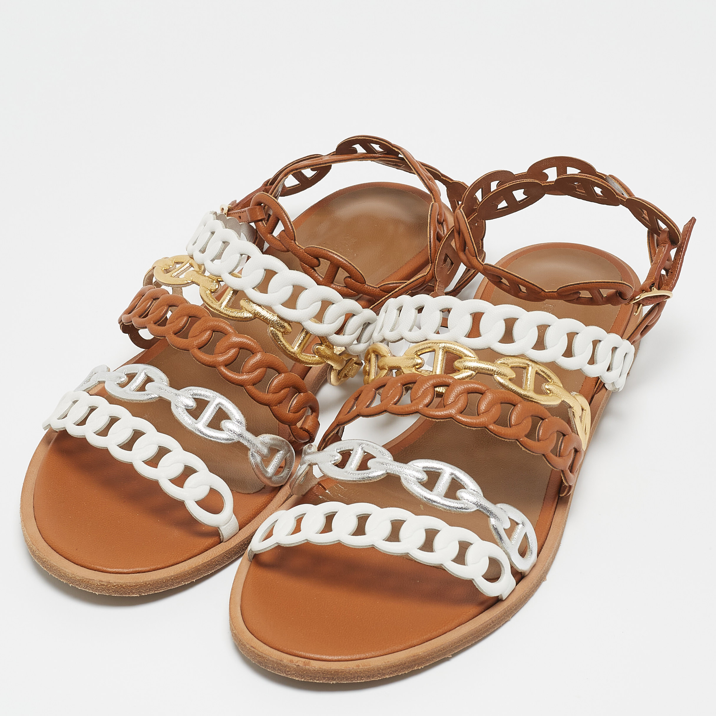 

Hermès Tricolor Leather D'ancre Chaine Flat Sandals Size, Brown