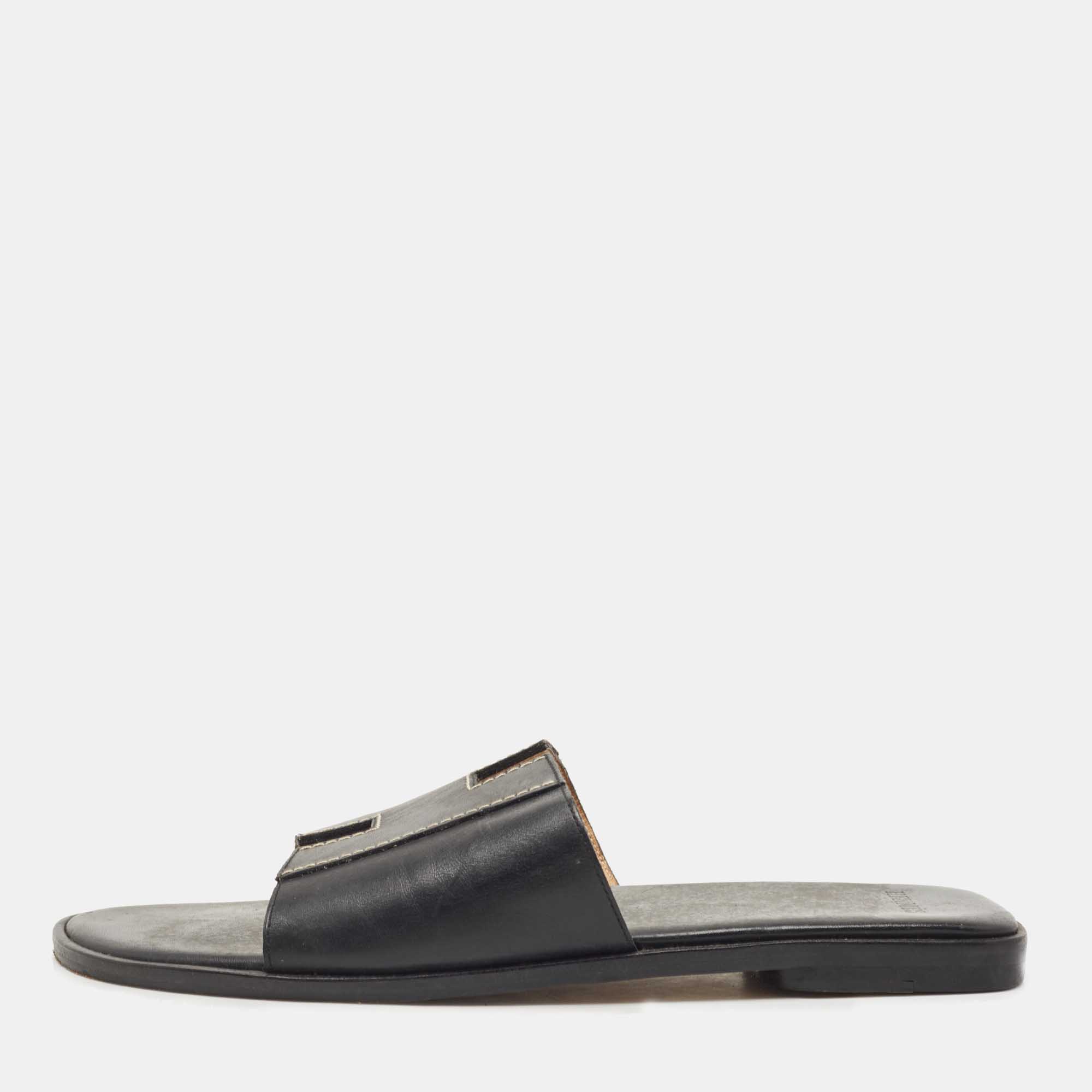 Hermes Black Leather Flat Slides Size 37 Hermes | The Luxury Closet