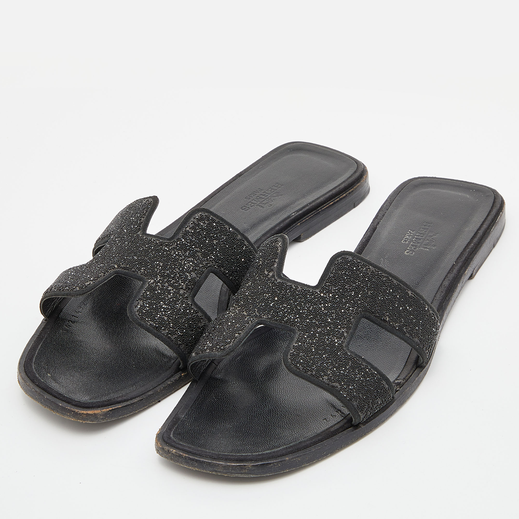 

Hermes Black Suede Crystal Embellished Oran Slide Flats Size