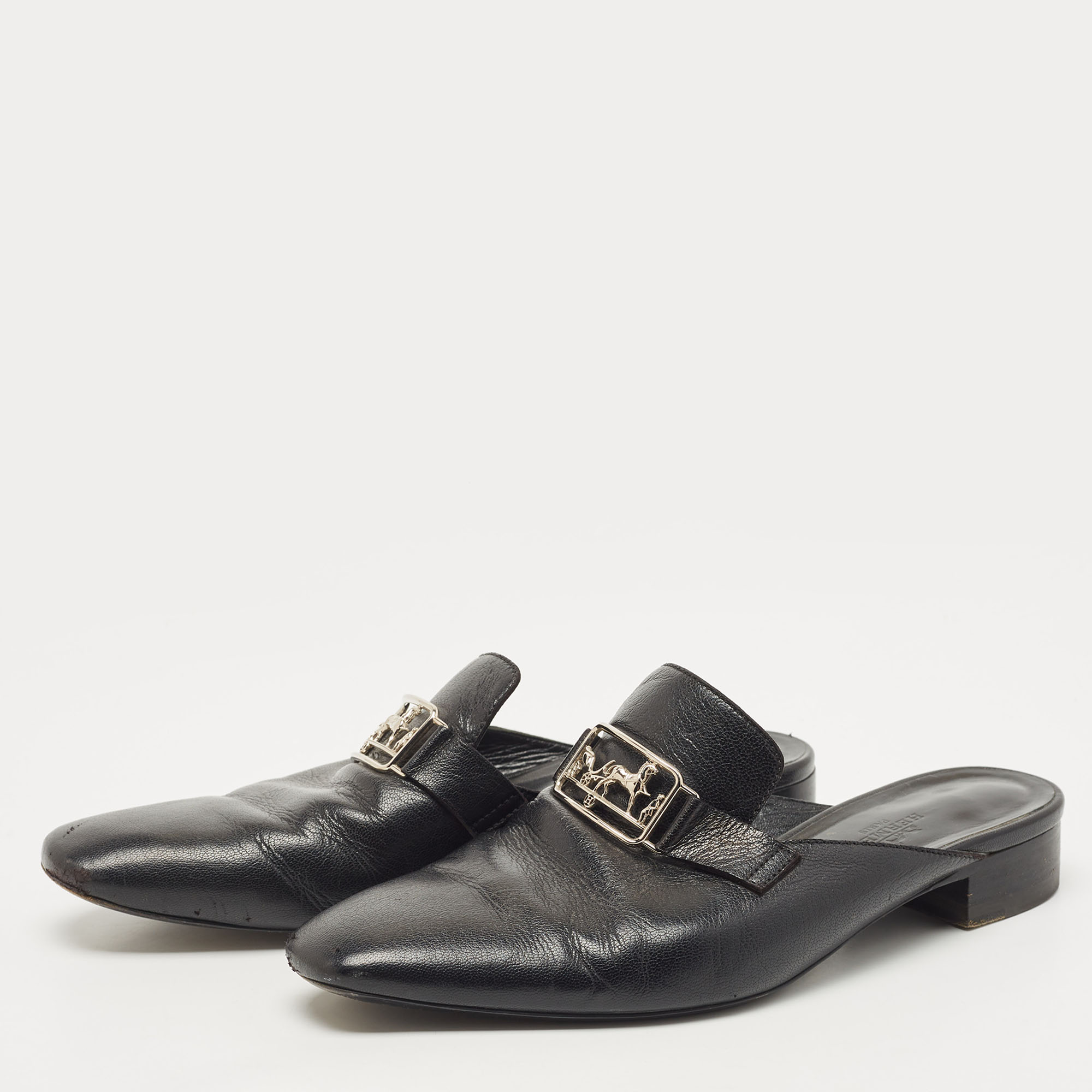 

Hermes Black Leather Vincennes Mules Size