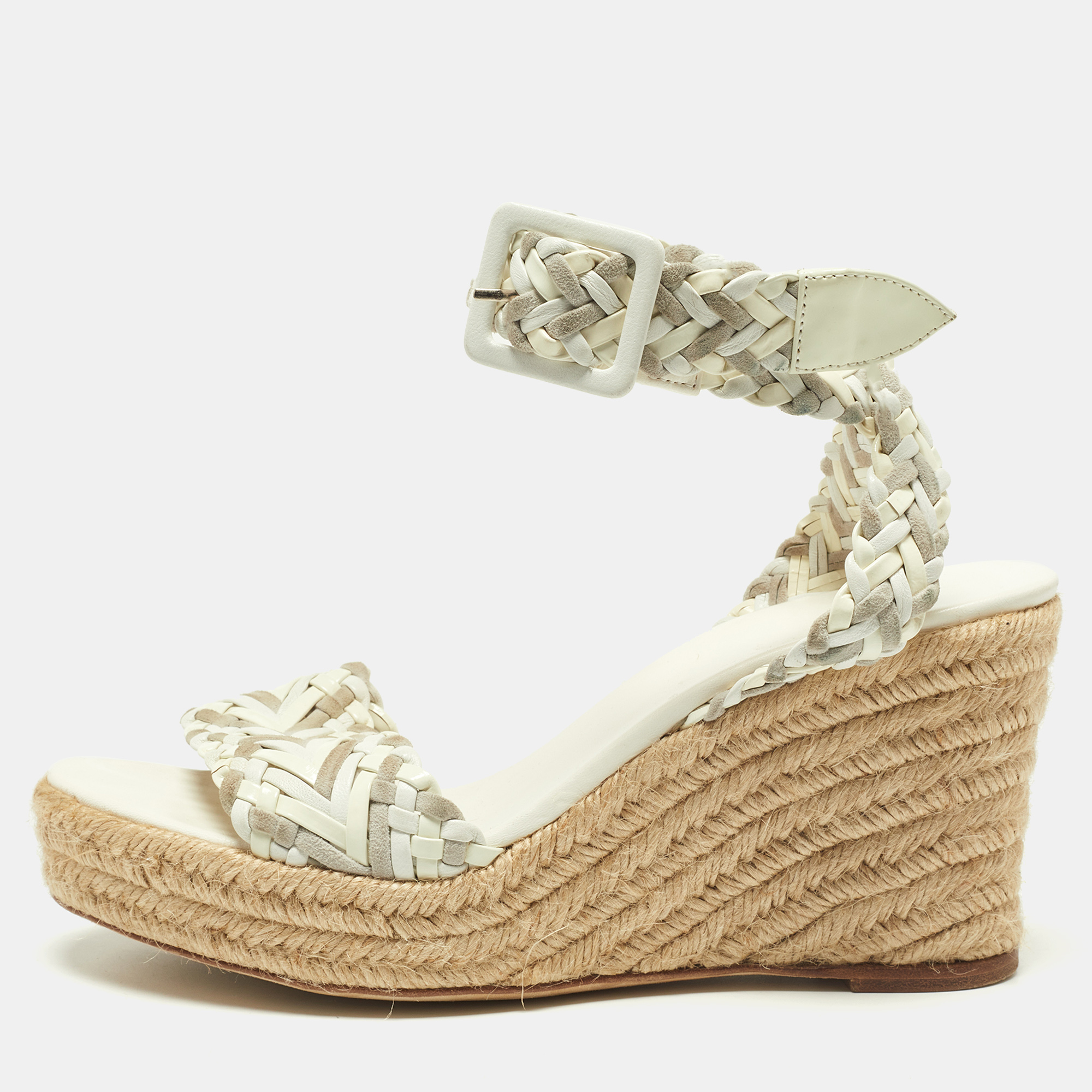 

Hermes White/Grey Patent Leather and Suede Sofia Espadrille Wedge Sandals Size