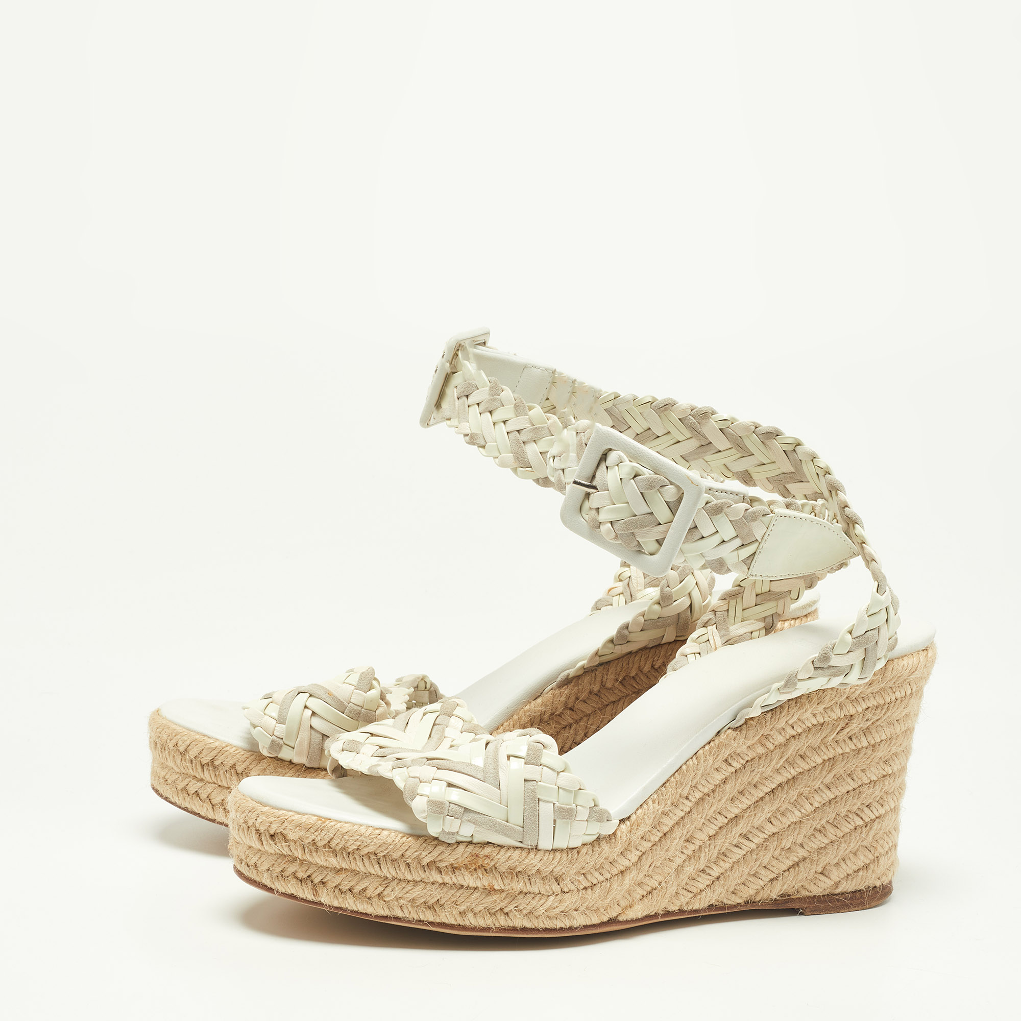 

Hermes White/Grey Woven Patent Leather and Suede Sofia Espadrille Wedge Sandals Size