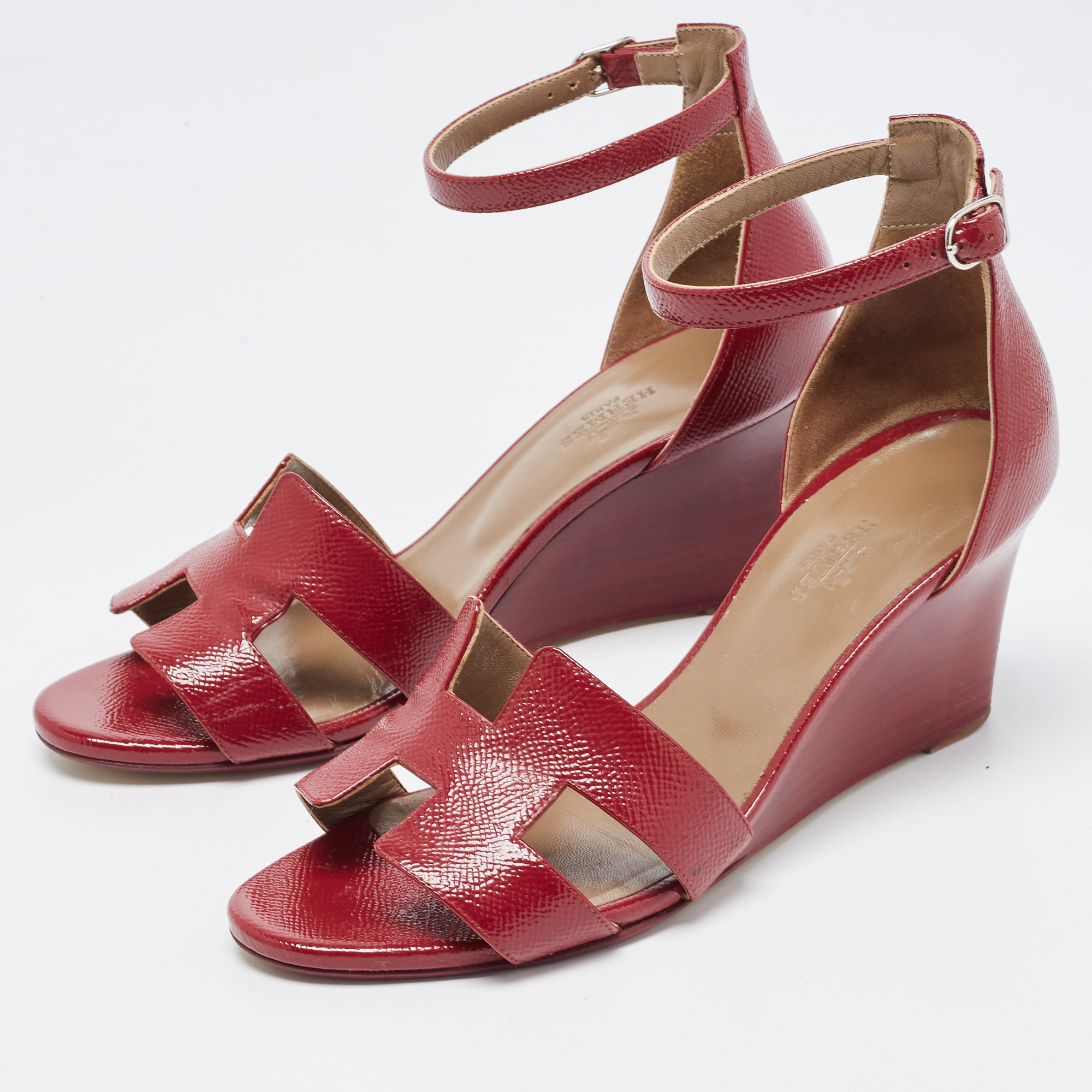 

Hermes Dark Red Patent Leather Legend Wedge Ankle Strap Sandals Size