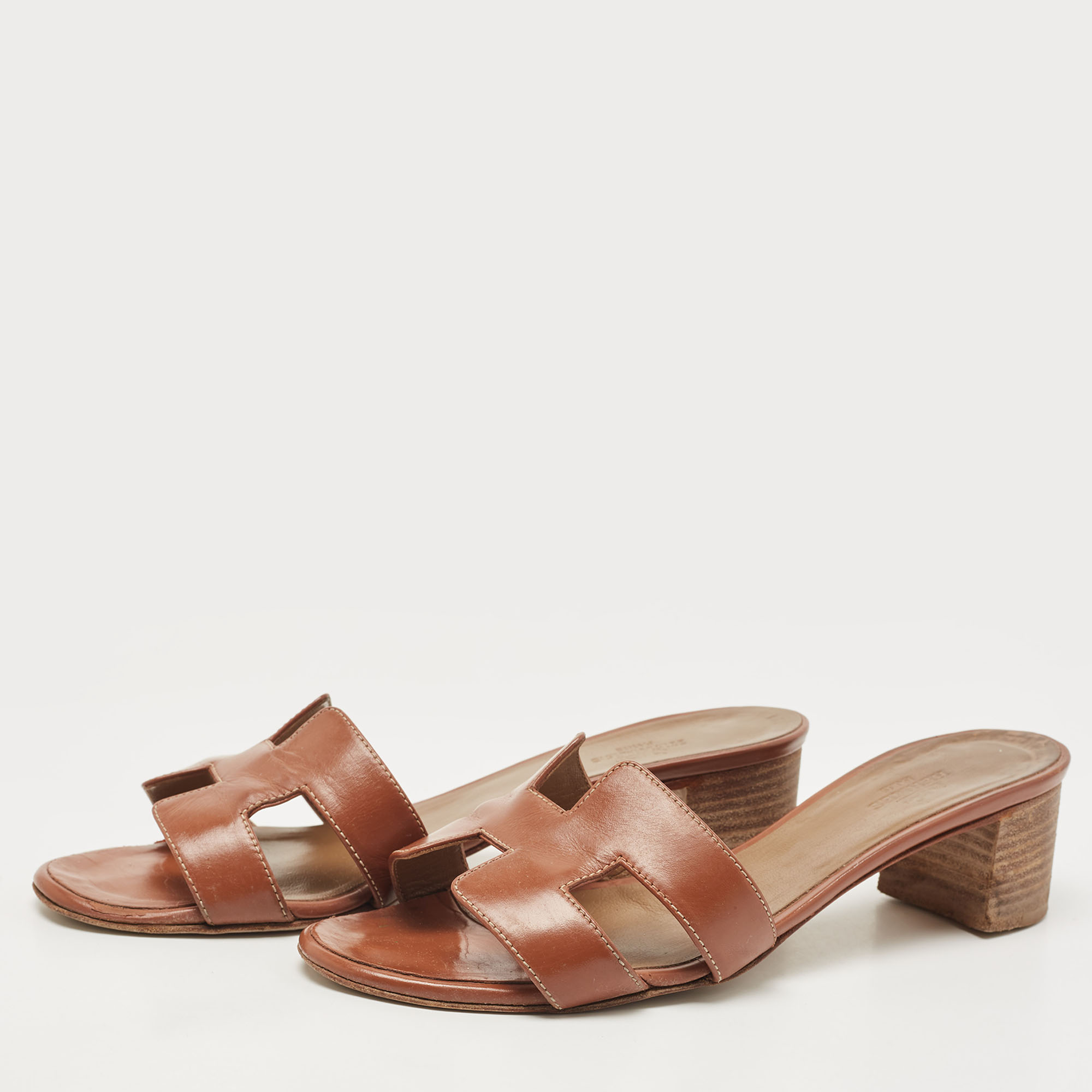 

Hermes Brown Leather Oasis Slide Sandals Size