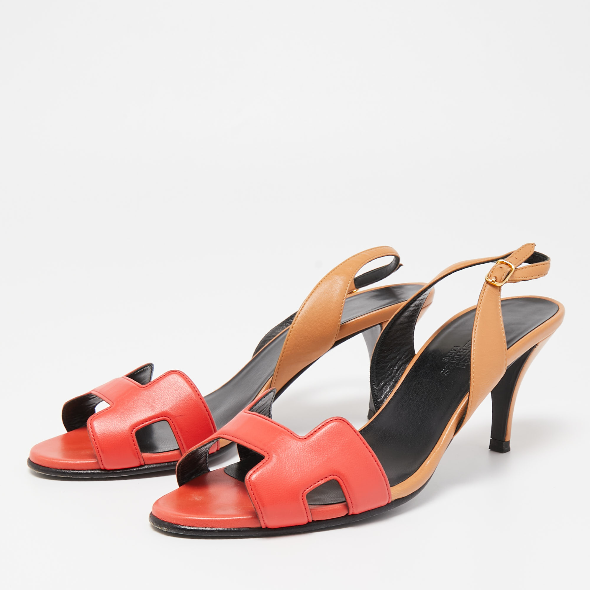 

Hermes Red/Brown Leather Night Slingback Sandals Size