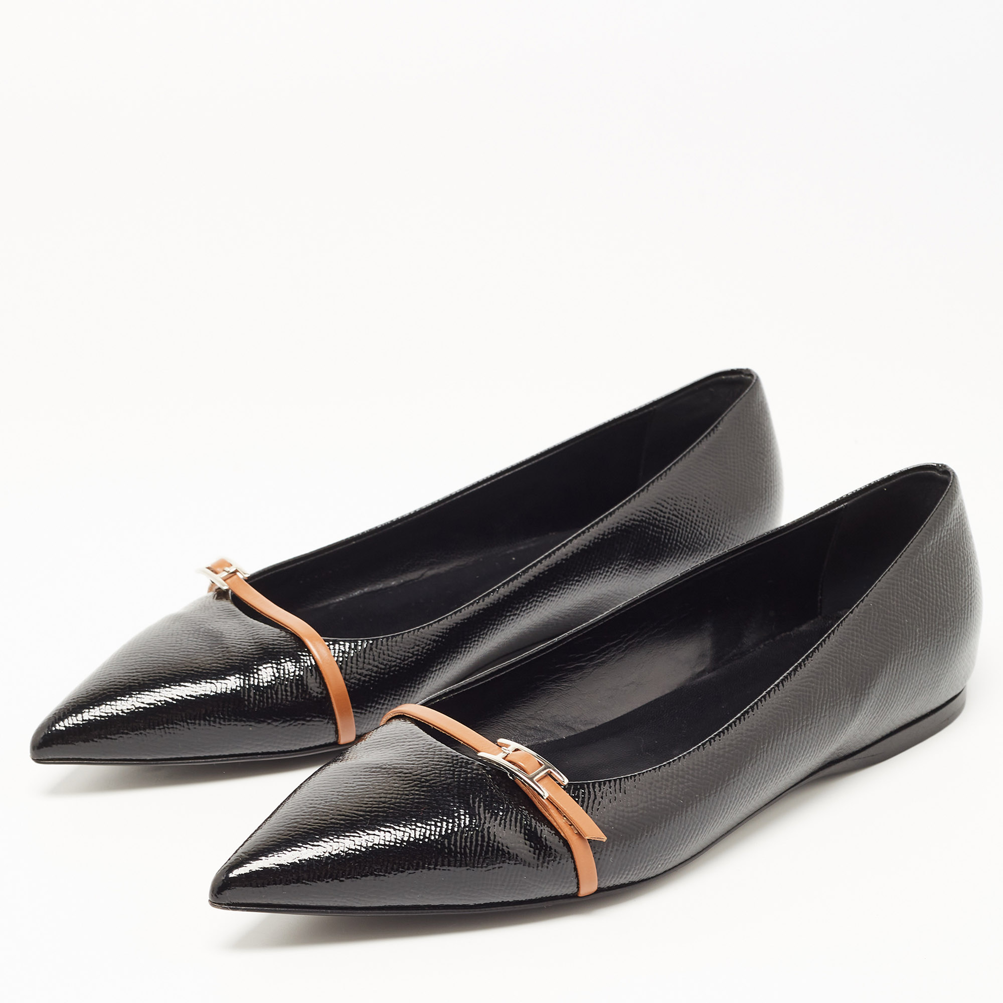 

Hermes Black Leather Buckle Detail Pointed Toe Ballet Flats Size