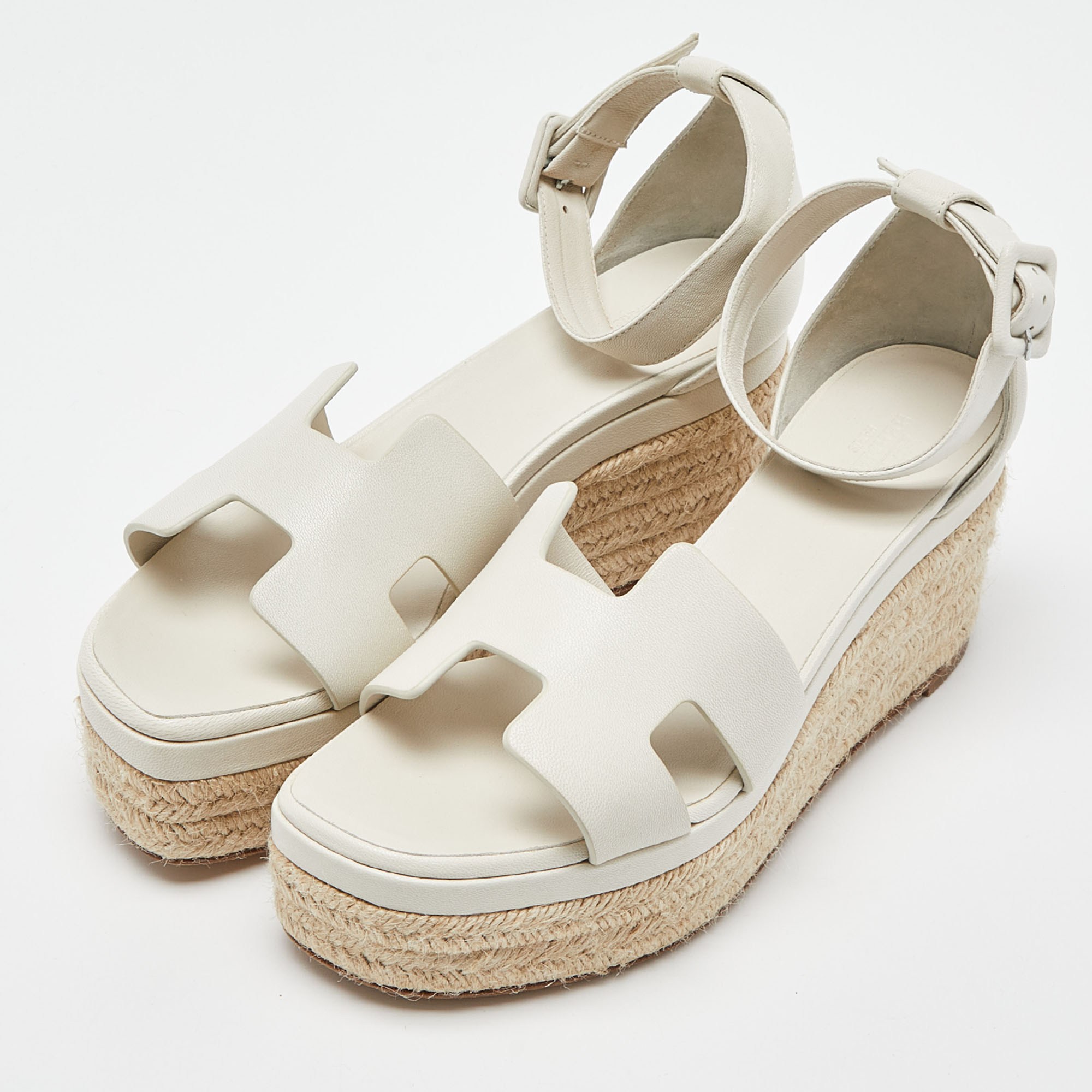 

Hermes Off White Leather Elda Wedge Platform Ankle Strap Espadrilles Size