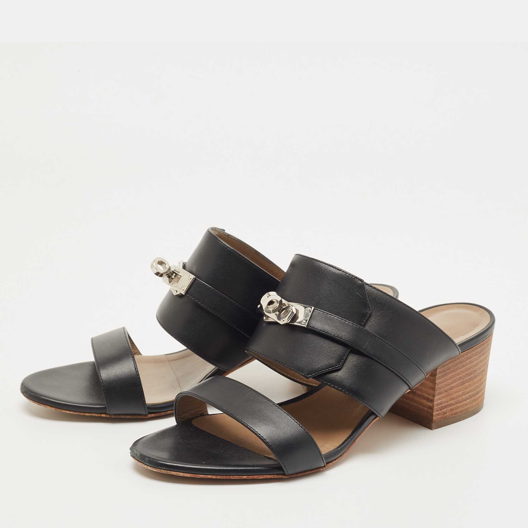 

Hermes Black Leather Ovation Slide Sandals Size