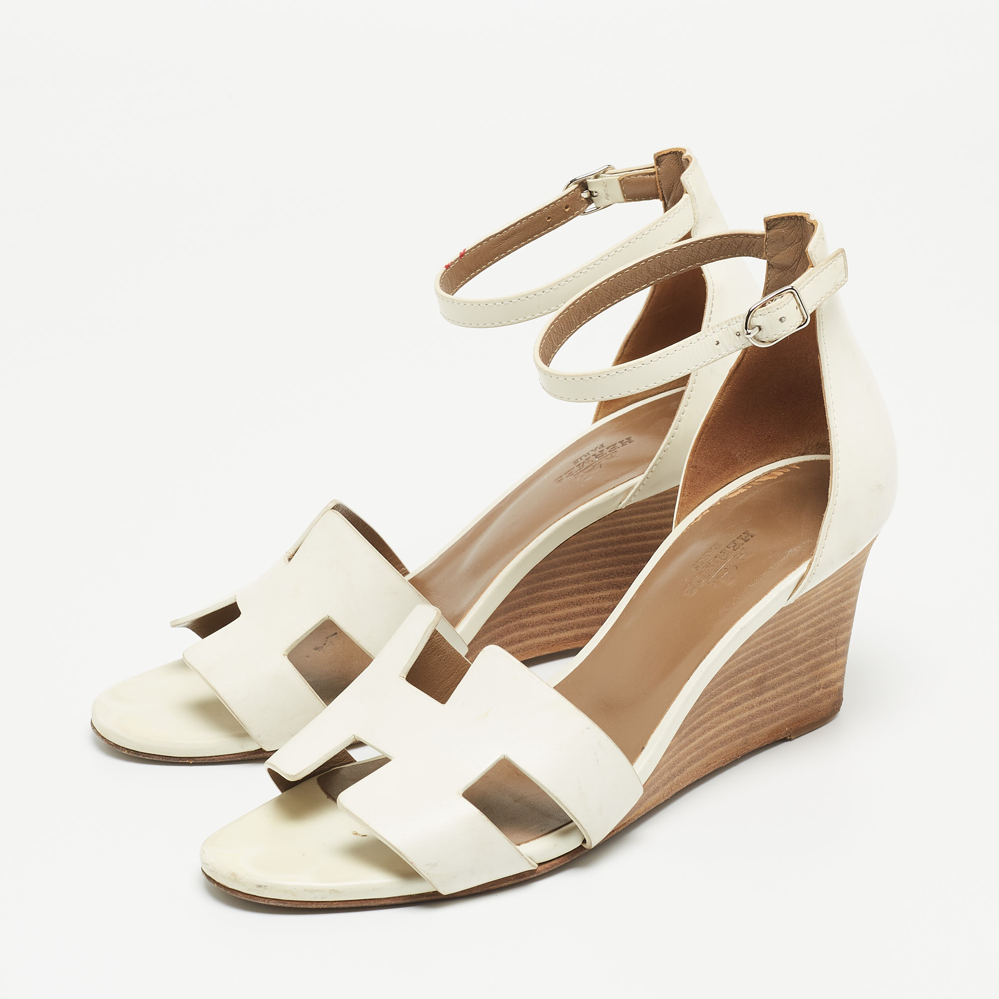 

Hermes White Leather Premiere 70 Wedge Sandals Size