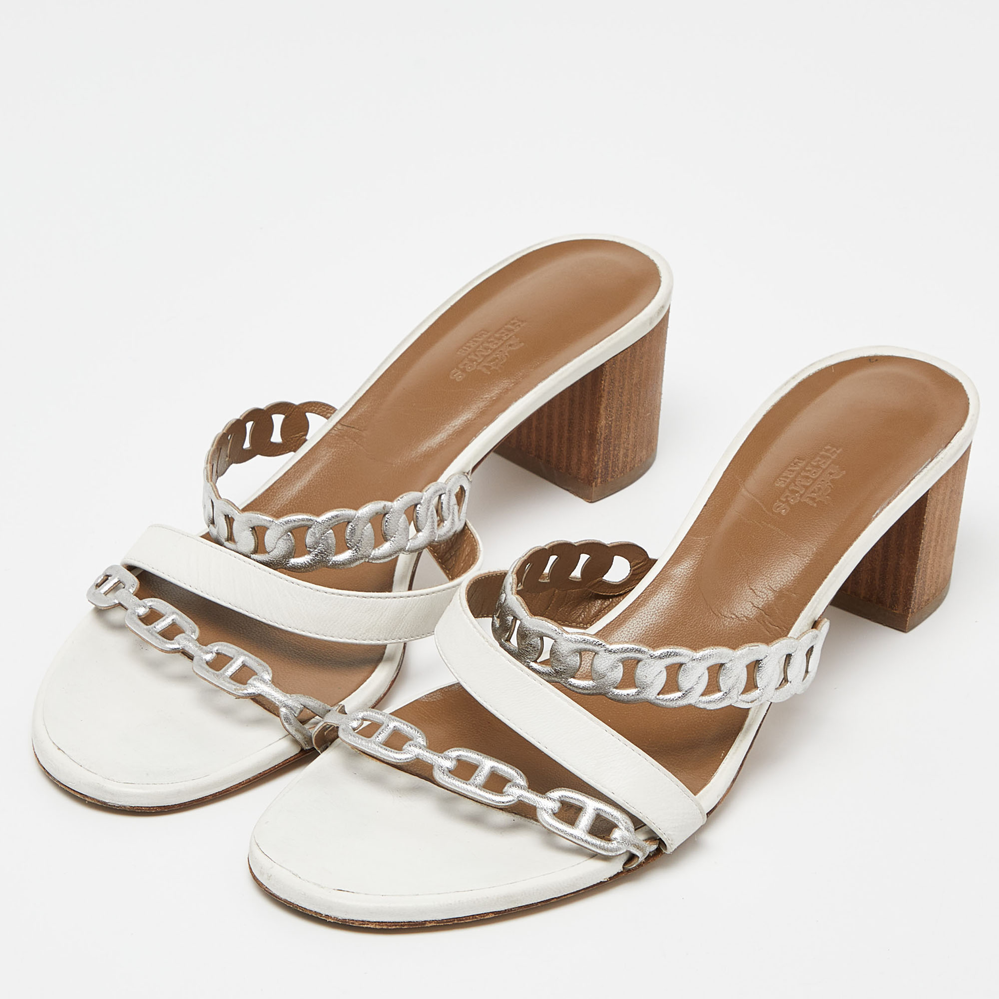 

Hermes White/Silver Leather Ajaccio Block Heel Slide Sandals Size