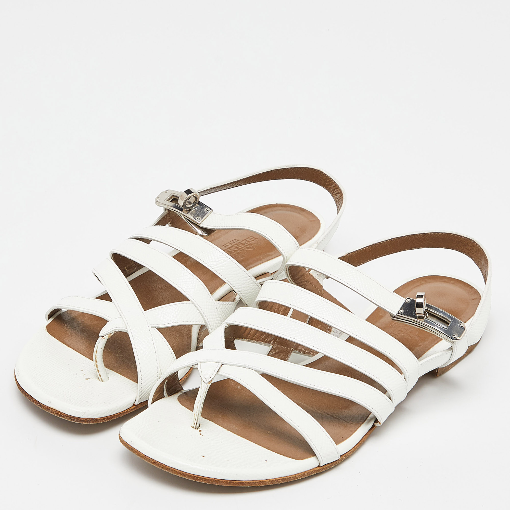 

Hermes White Patent Leather Marine Strappy Flat Sandals Size