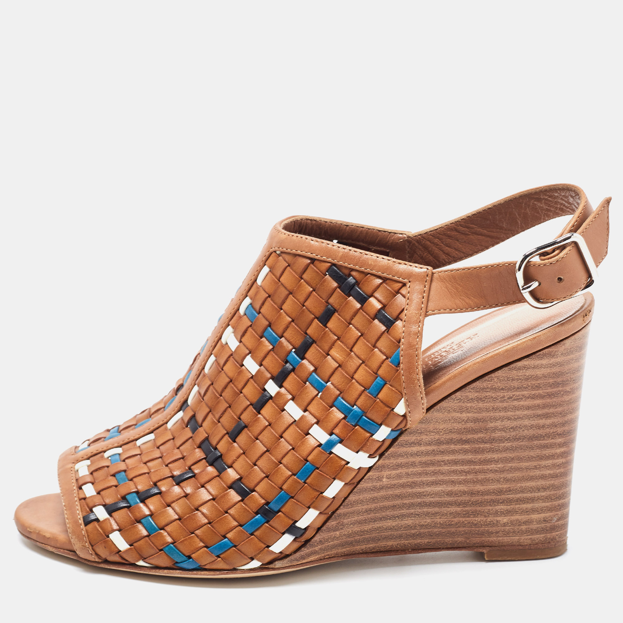 

Hermes Tricolor Woven Leather Peep Toe Wedge Slingback Sandals Size, Brown