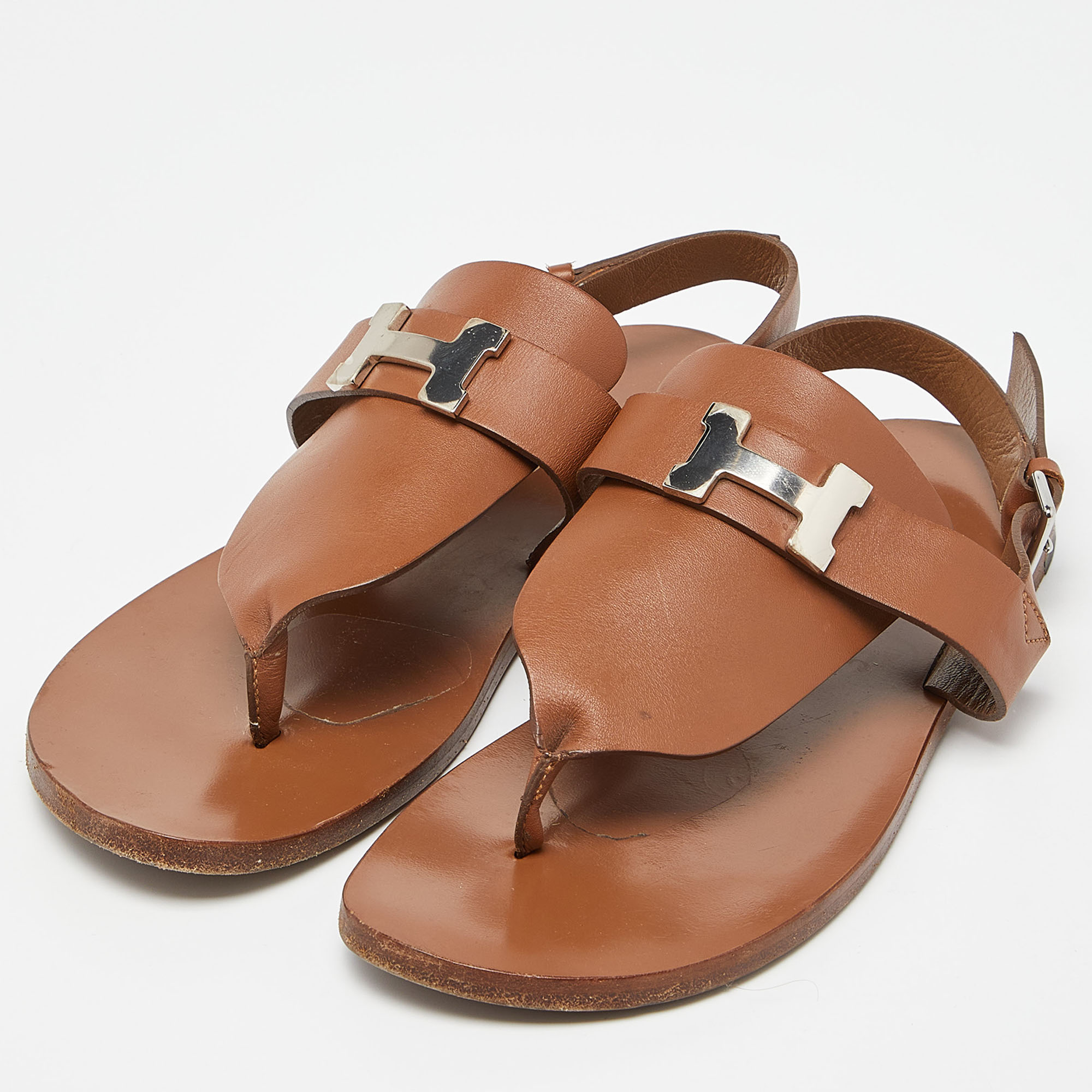 

Hermes Brown Leather Galerie Slingback Flat Sandals Size