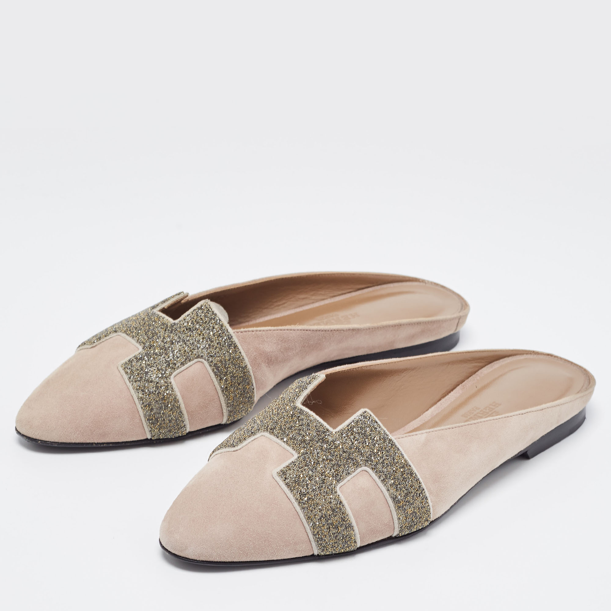 

Hermes Beige Suede Roxane Flat Mules Size