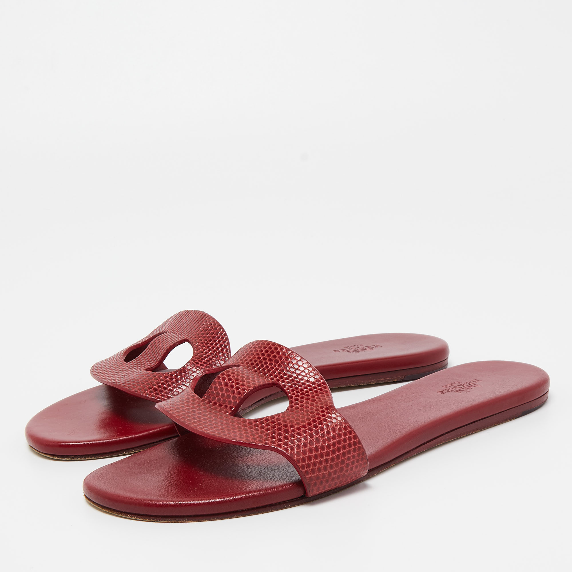 

Hermes Dark Red Lizard Lisboa Flat Slides Size