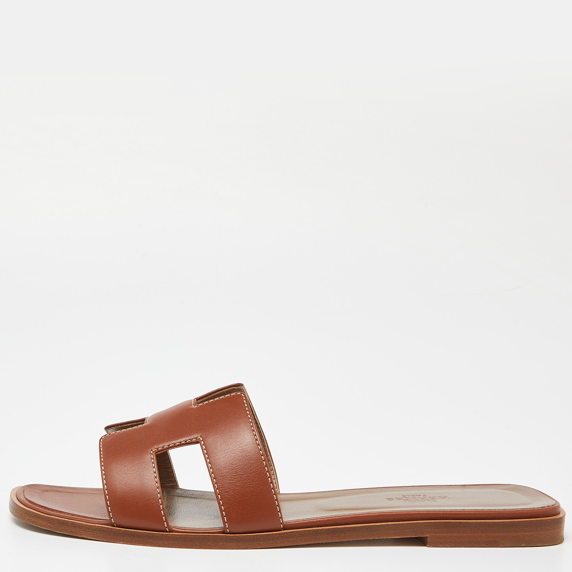 Pre Owned Hermes Brown Leather Oran Flat Slides Size 39.5  