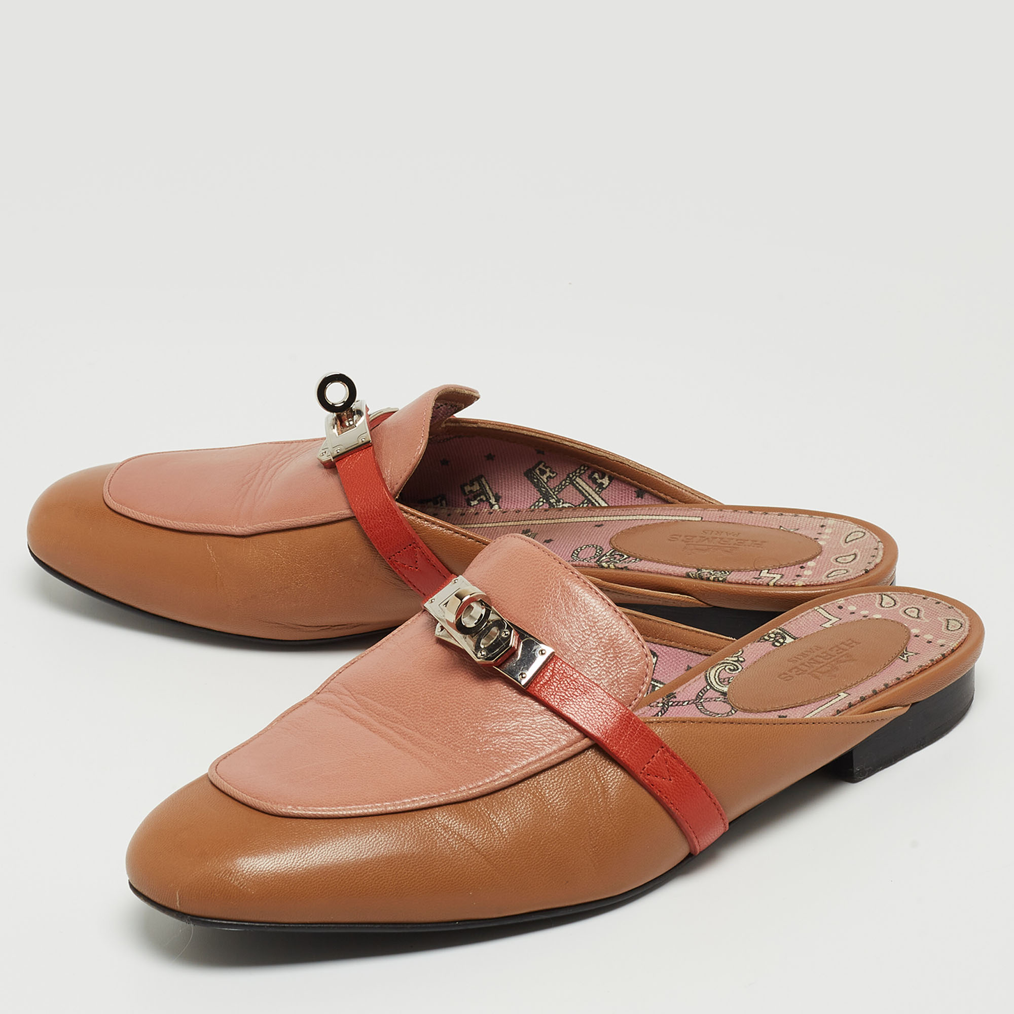 

Hermes Brown/Pink Leather Oz Slip On Flat Mules Size