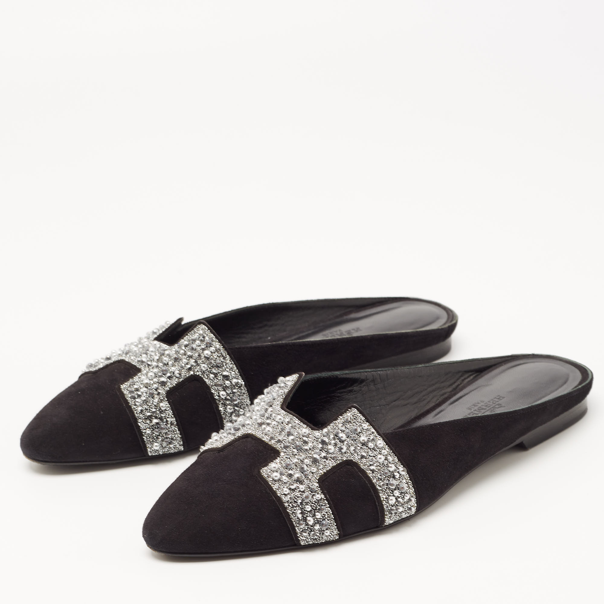 

Hermes Black/Silver Suede and Beads Roxane Flat Mules Size