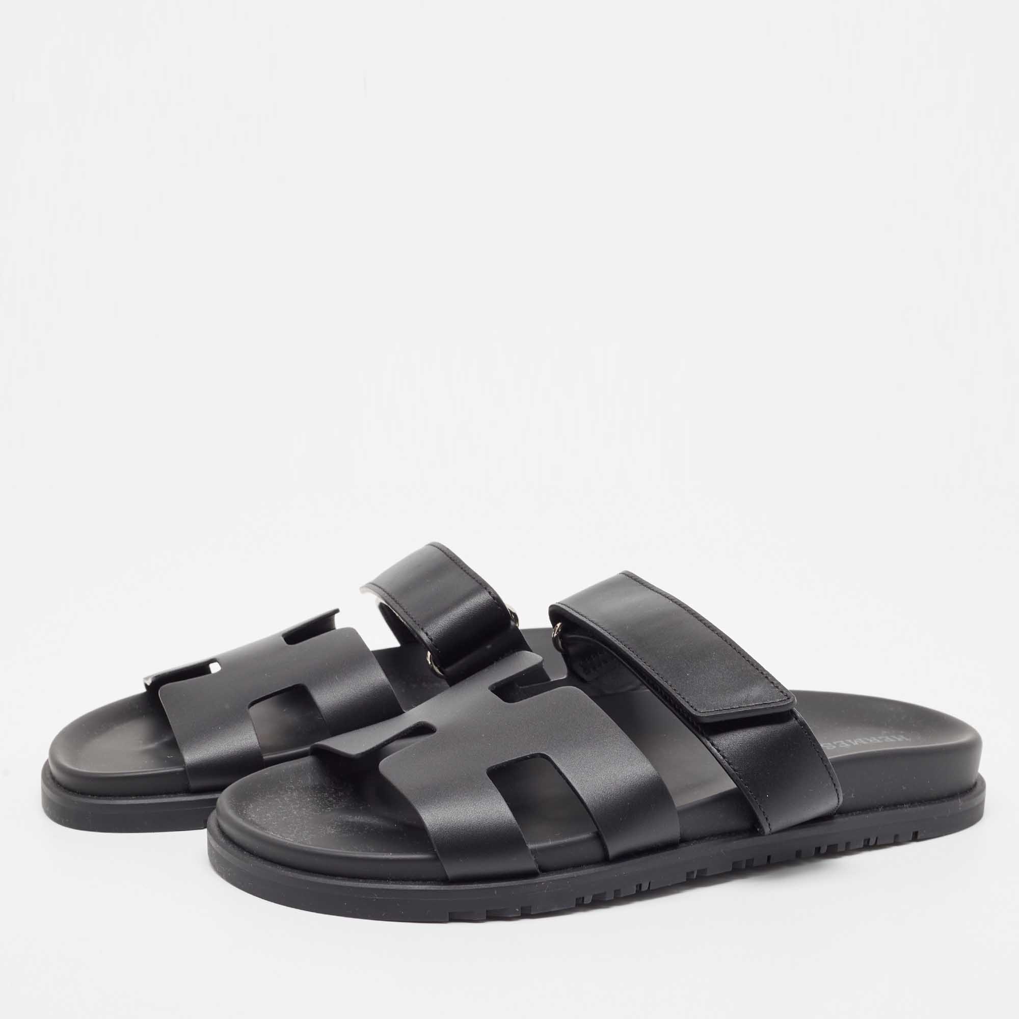 

Hermes Black Leather Chypre Velcro Flat Sandals Size