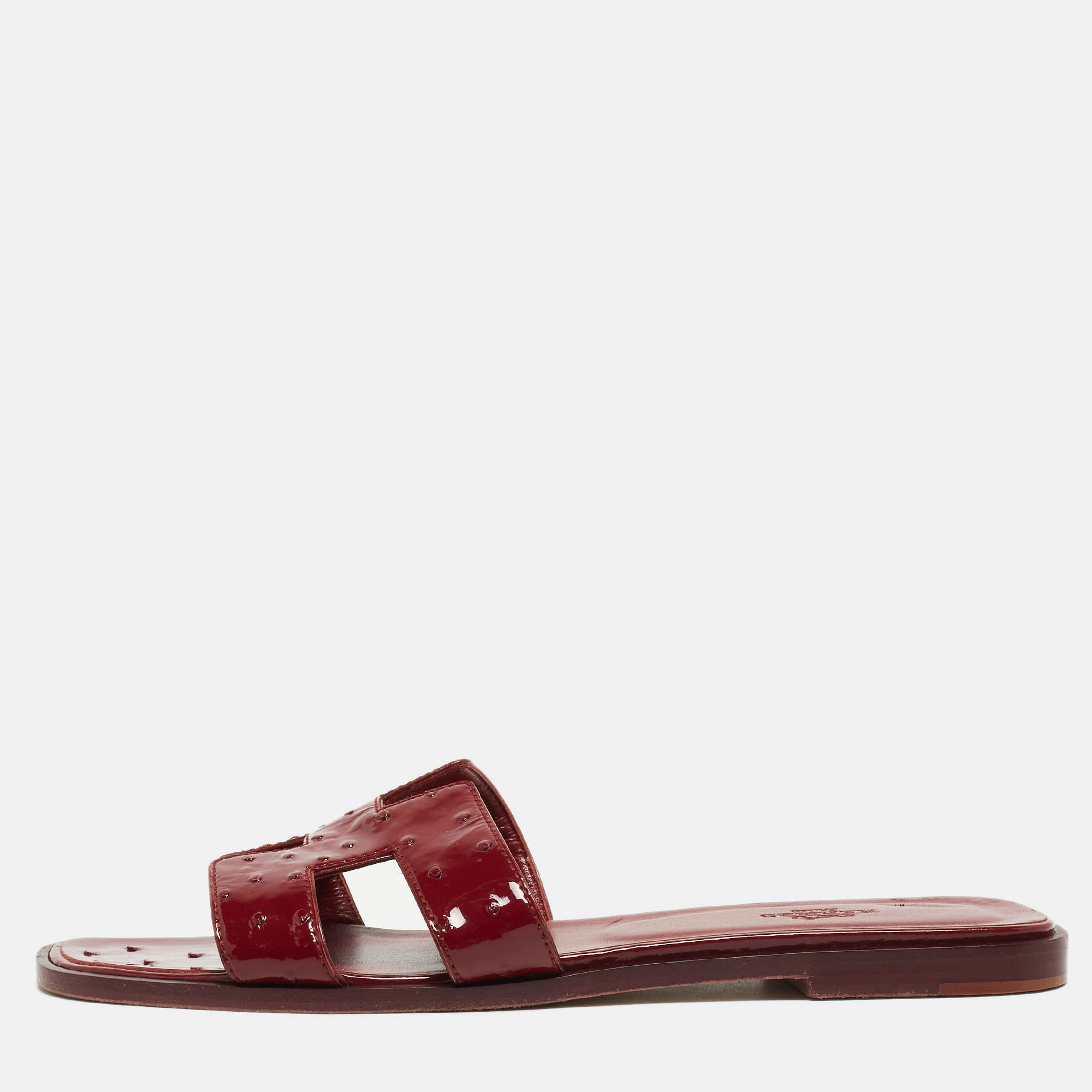 Hermes Burgundy Ostrich Embossed Leather Oran Flat Slides Size 39.5