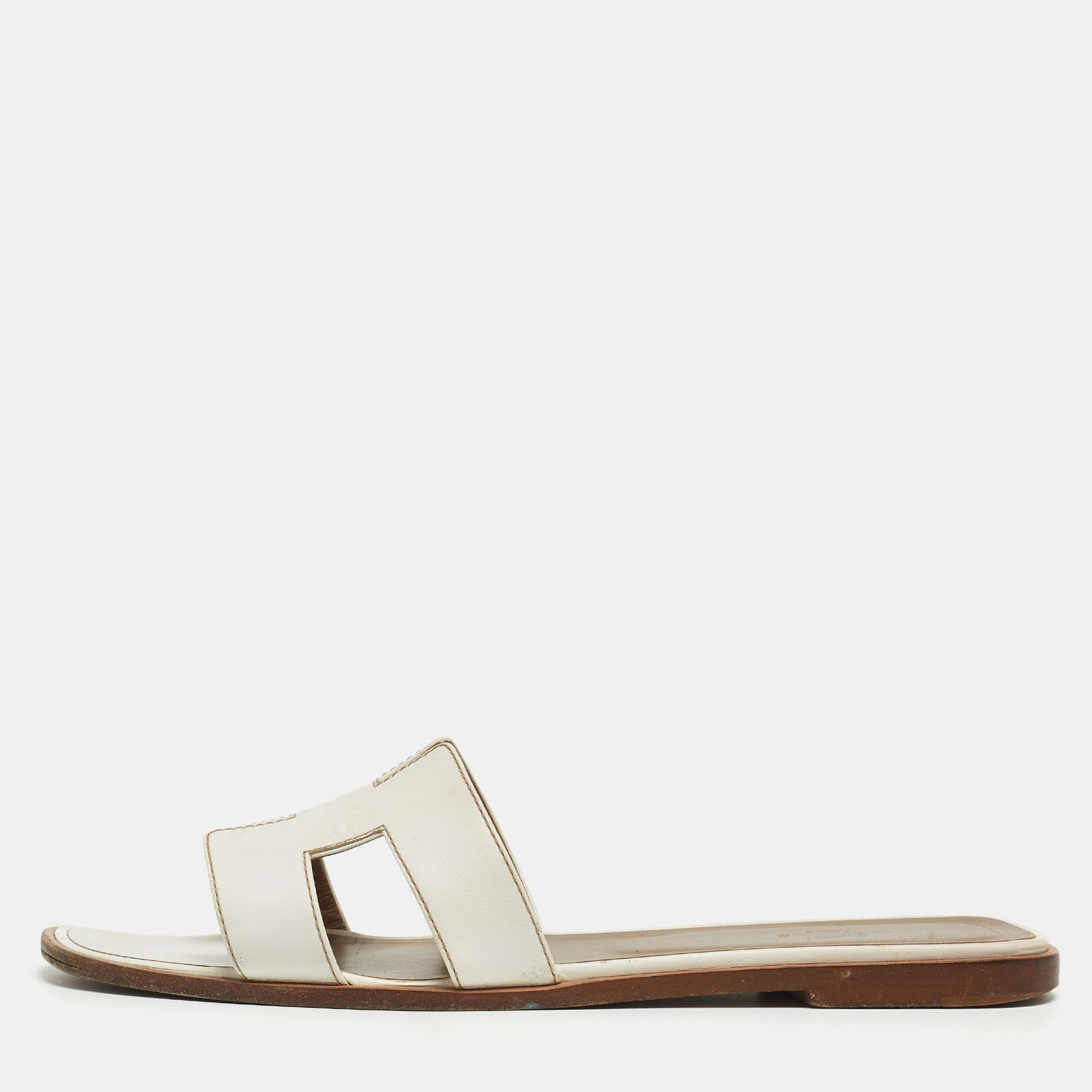 Hermes White Leather Oran Flat Slides Size 40 