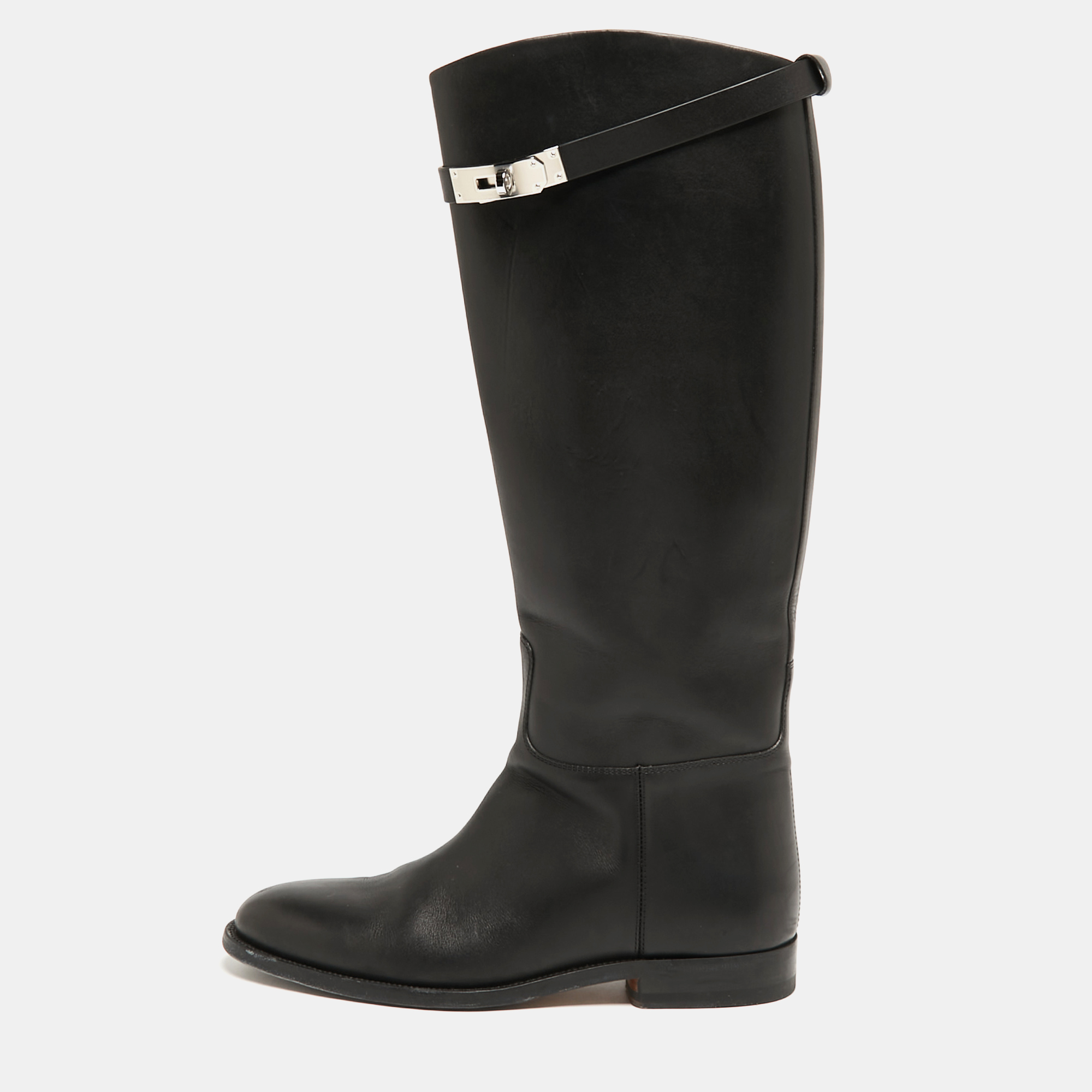Pre Owned Hermes Black Leather H Jumping Knee Length Boots Size 38
