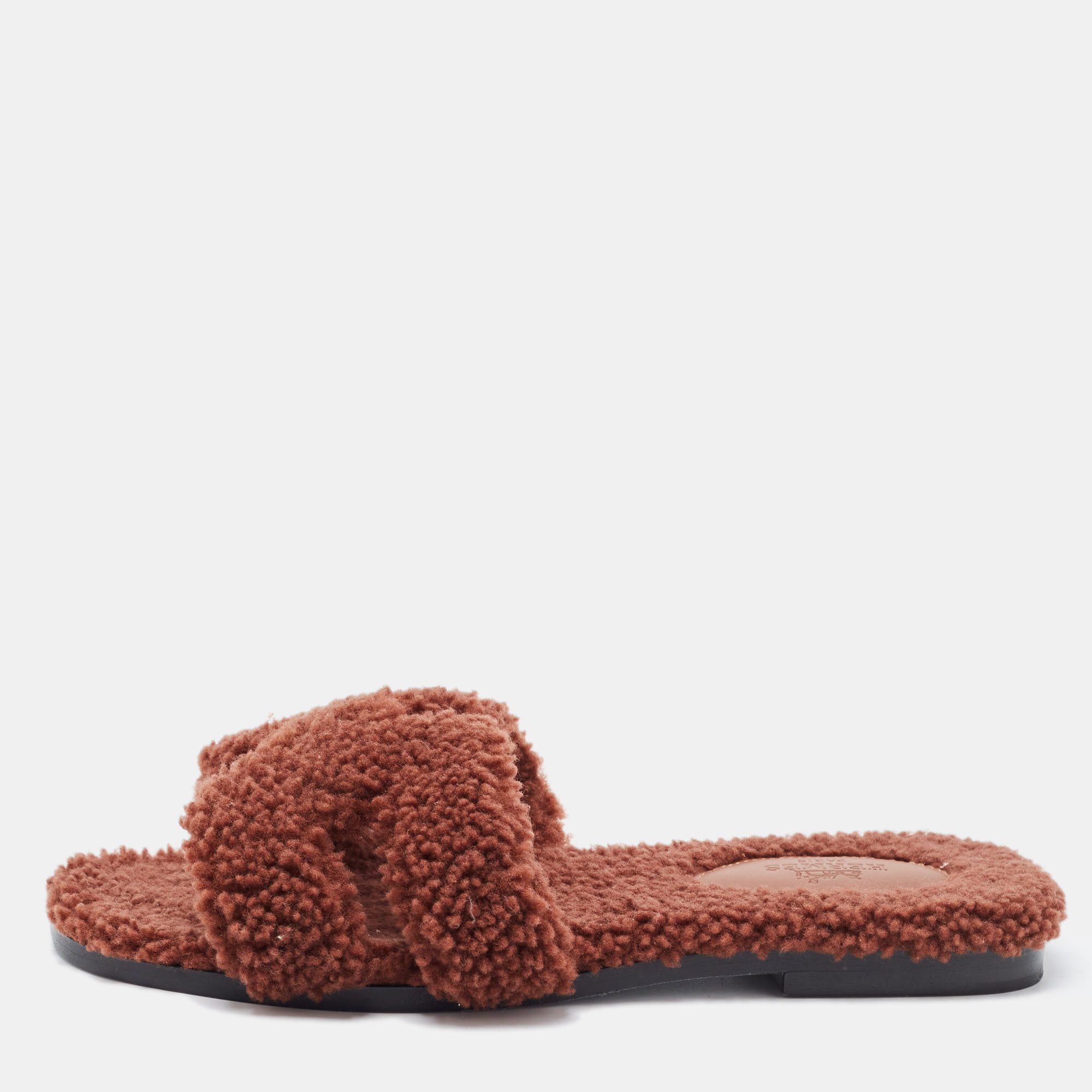 Pre Owned Hermes Brown Shearling Fur Oran Flat Slides Size 37