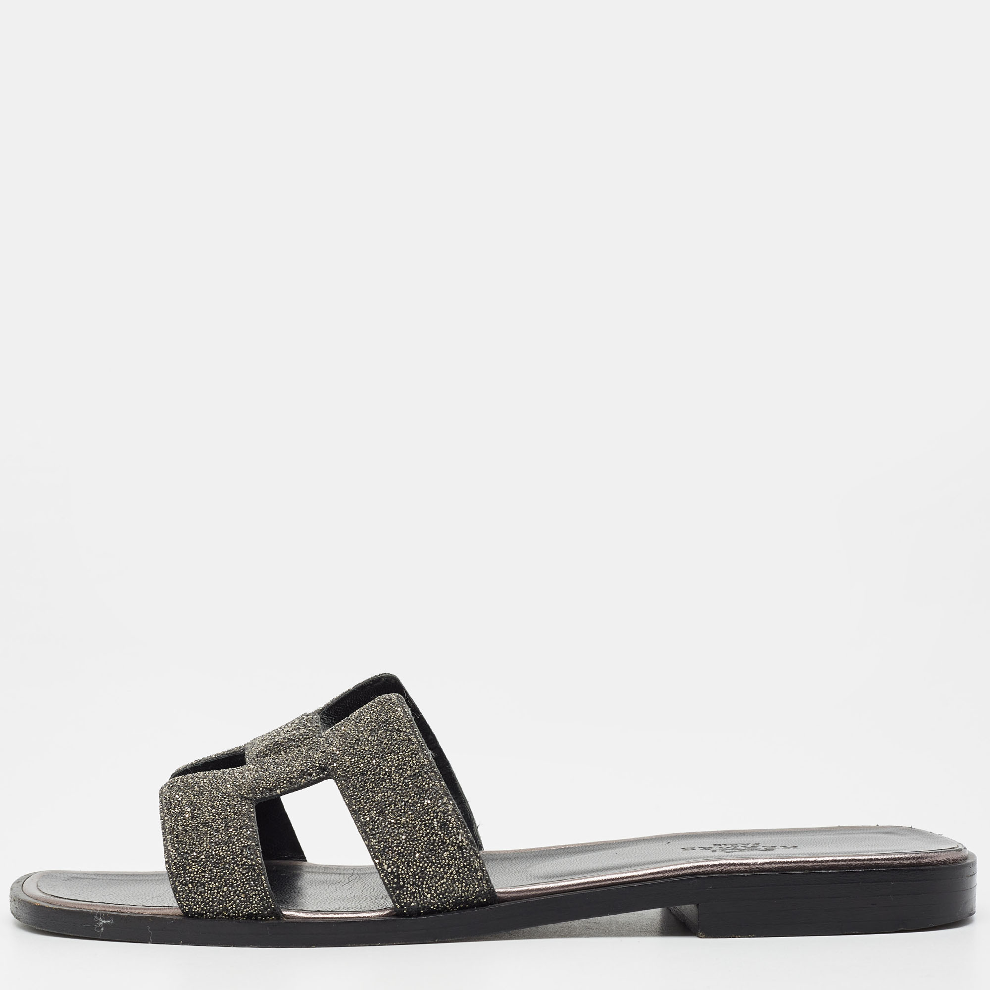 Hermes Metallic Grey Beads Oran Flat Slides Size 37