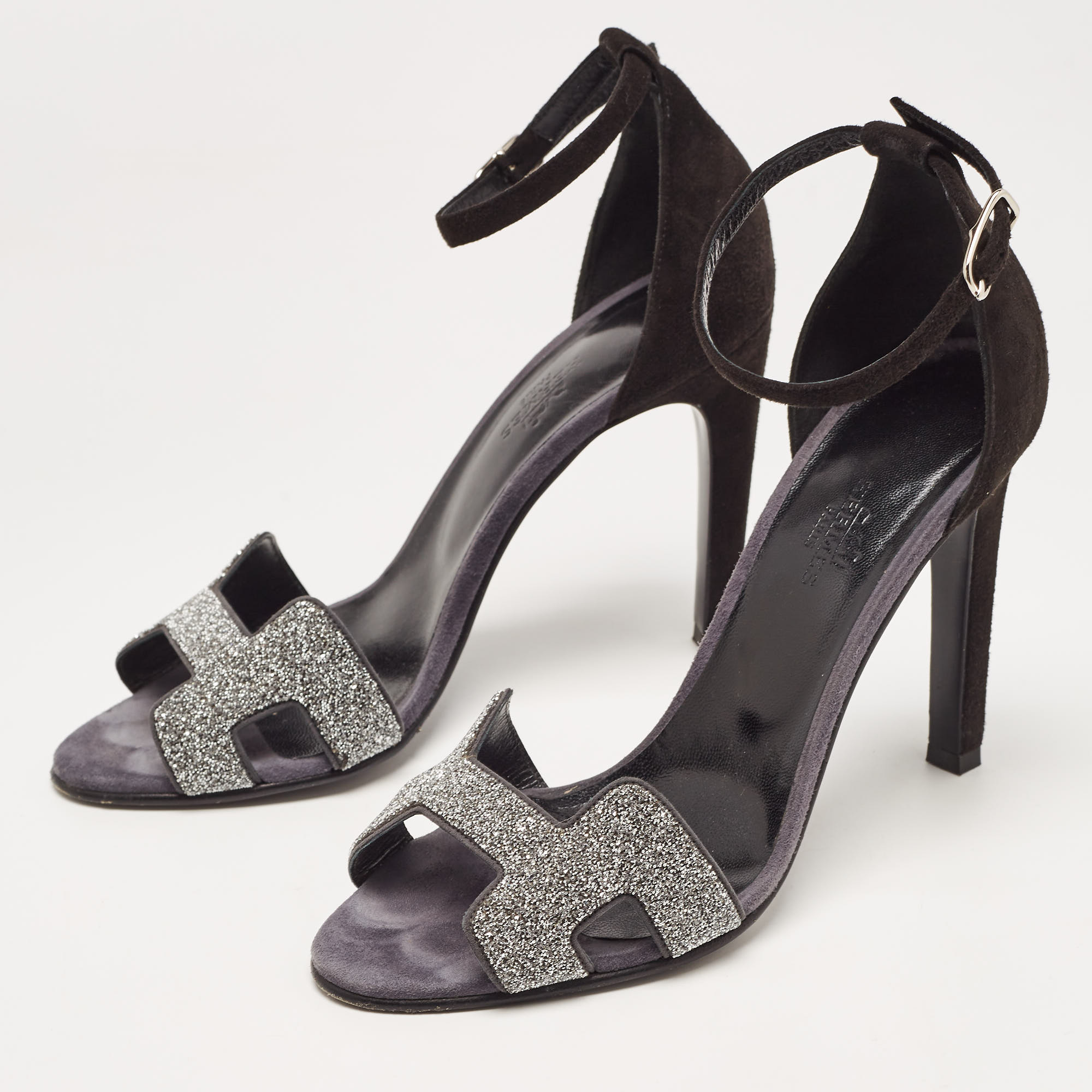 

Hermes Black/Silver Suede and Glitter Premiere 70 Ankle Strap Sandals Size