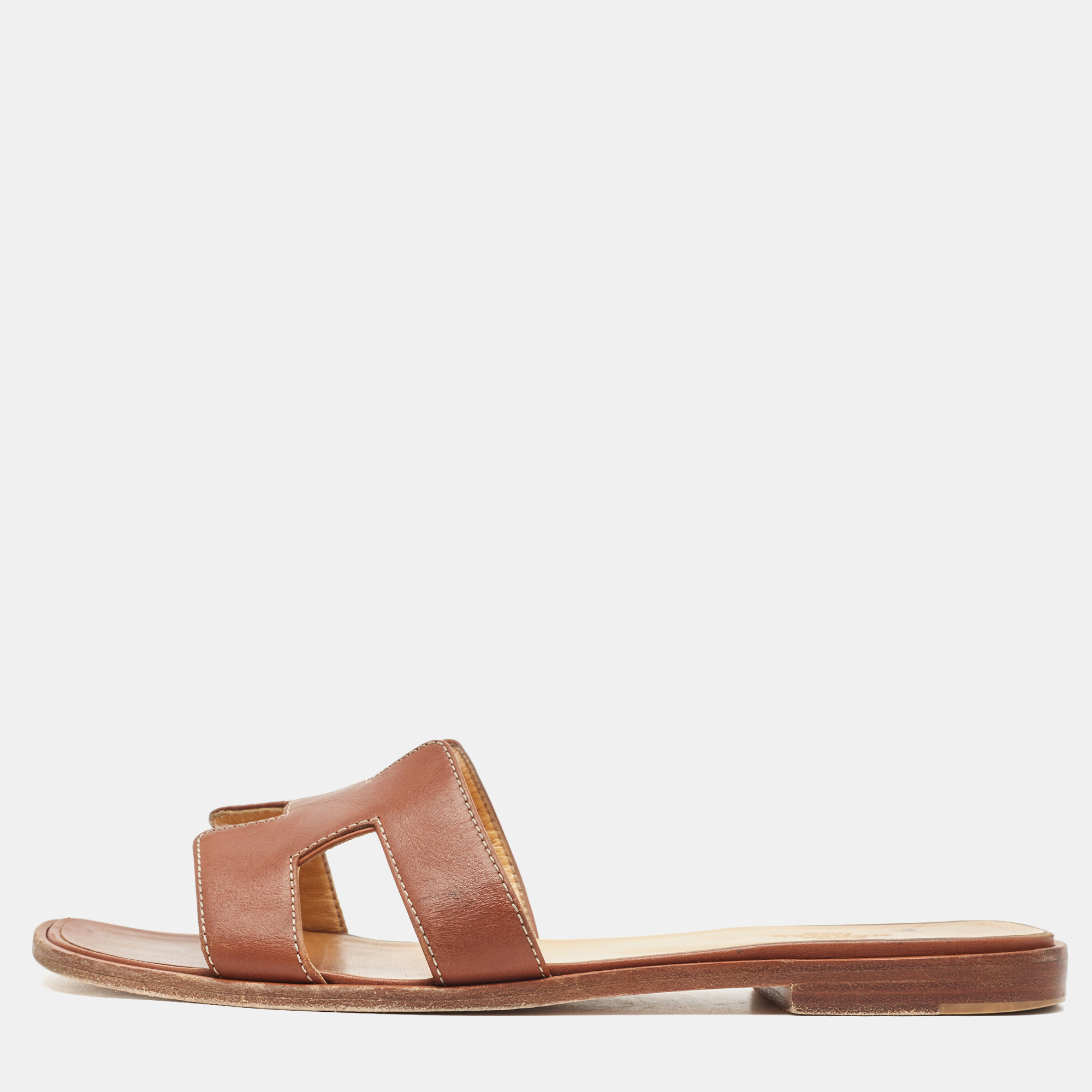 Hermes Brown Leather Oran  Flat Slides Size 39.5