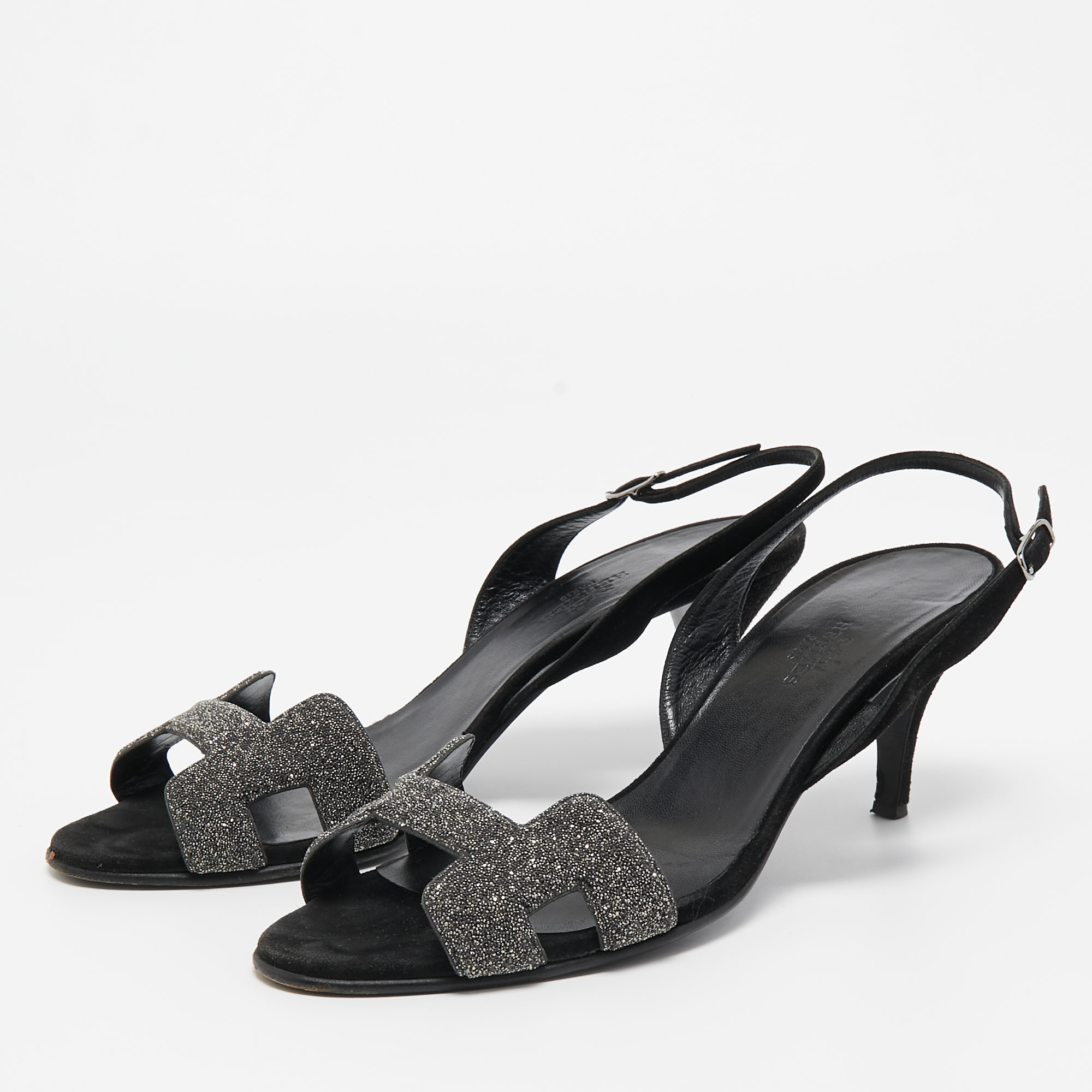 

Hermes Black/Silver Glitter and Suede Night Sandals Size