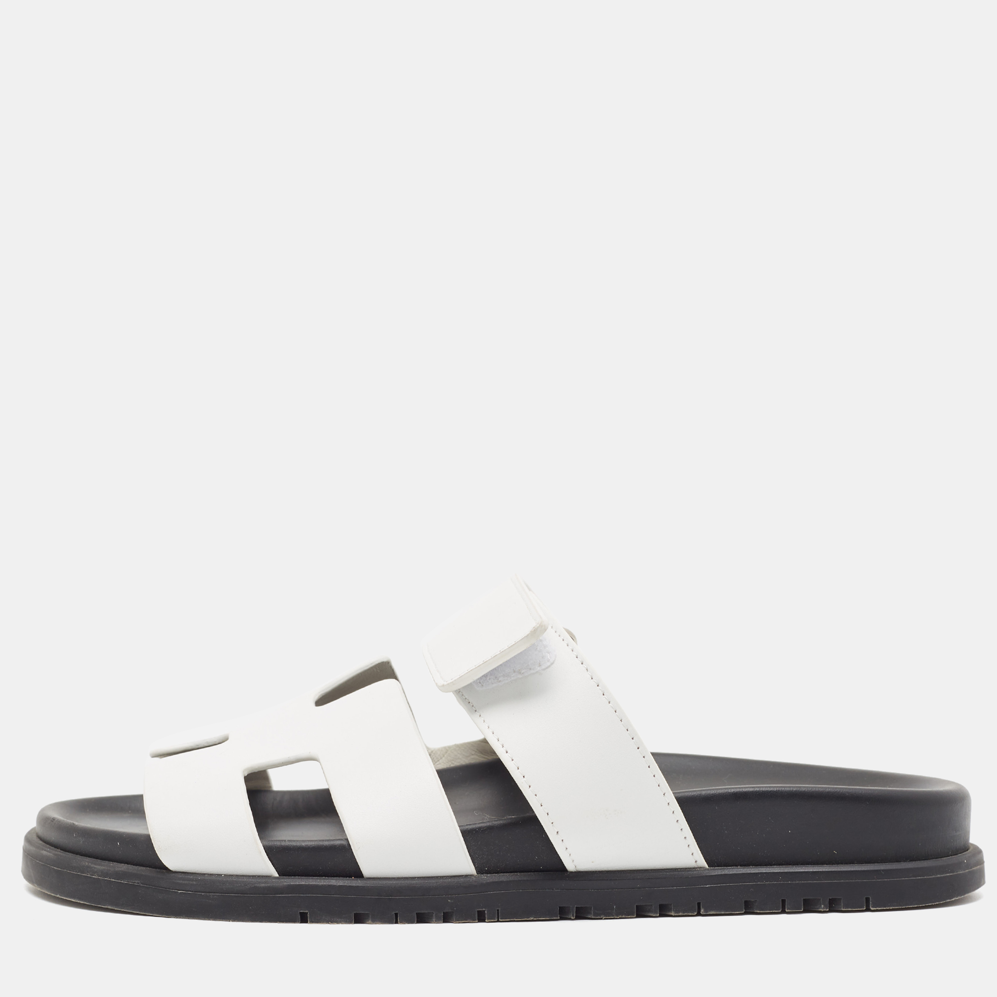 Hermes White Leather Chypre Flat Slides Size 36