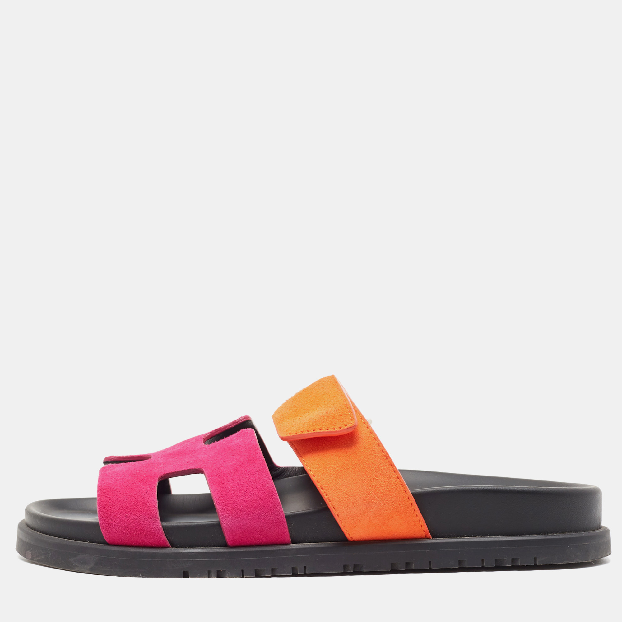 Pre Owned Hermes Pink/Orange Suede Chypre Flat Slides Size 36