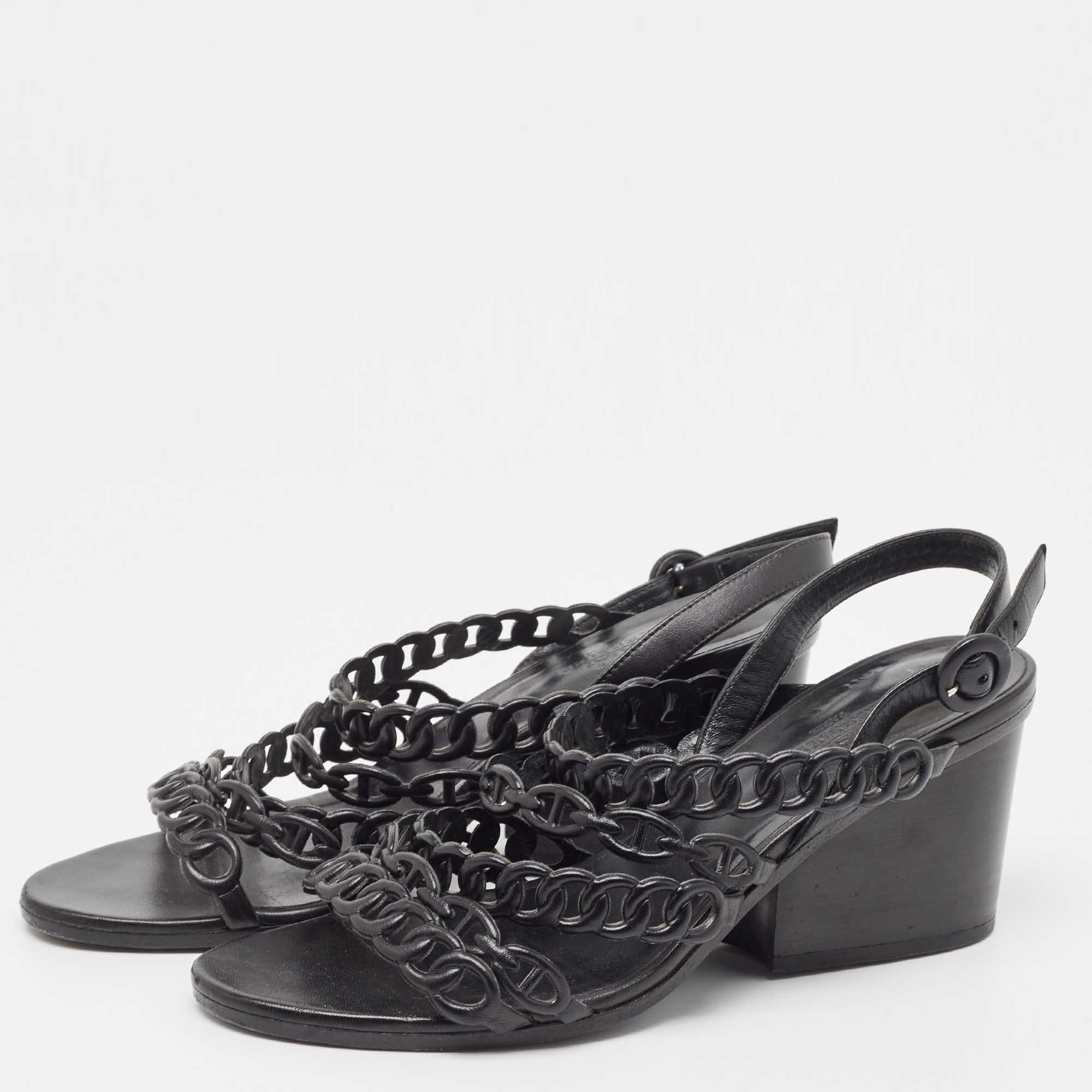 

Hermes Black Leather Romanza Slingback Sandals Size, Beige