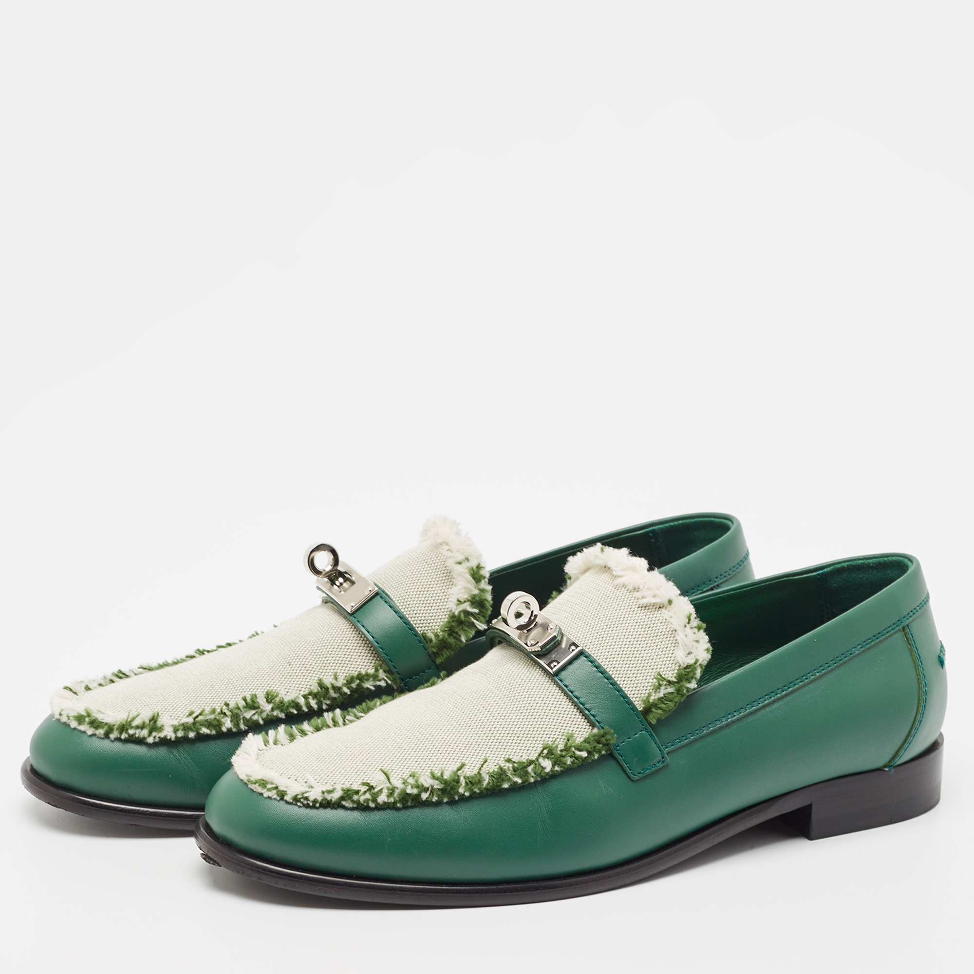 

Hermes Green/Beige Leather and Canvas Destin Loafers Size