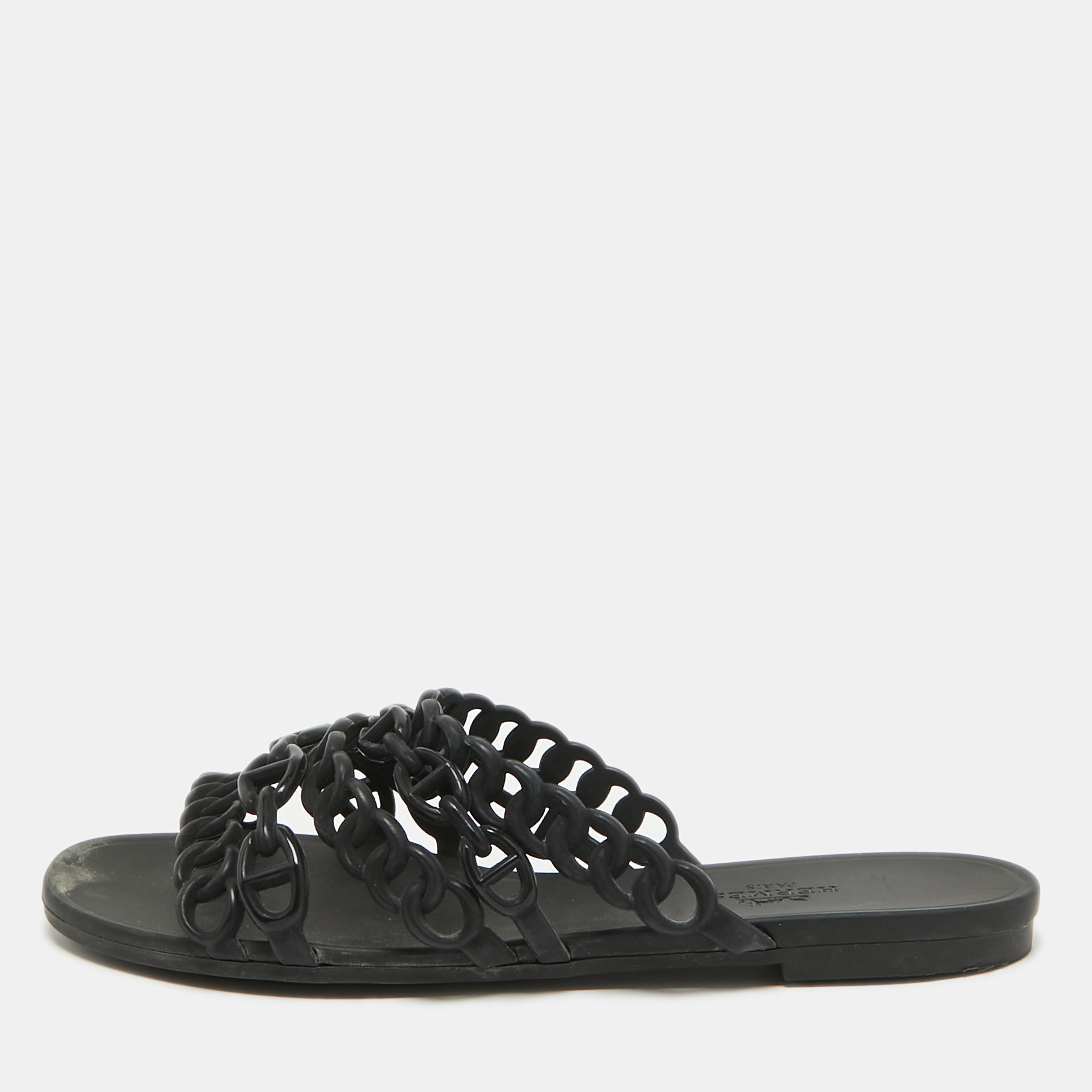 Pre Owned Hermes Black Jelly And Rubber D'ancre Chaine Flat Sandals Size 36