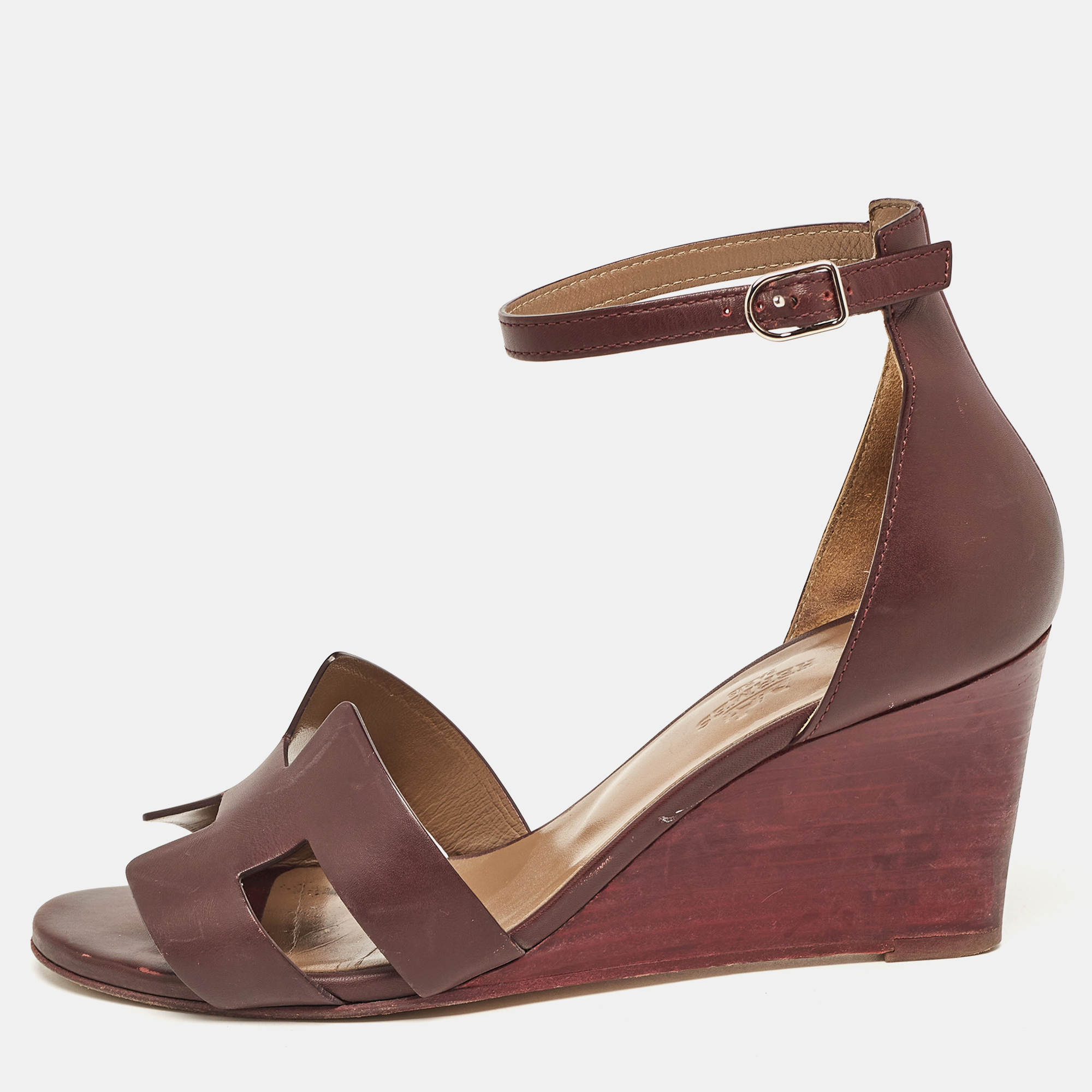 Pre-owned Hermes Burgundy Leather Legend Wedge Sandals Size 37.5